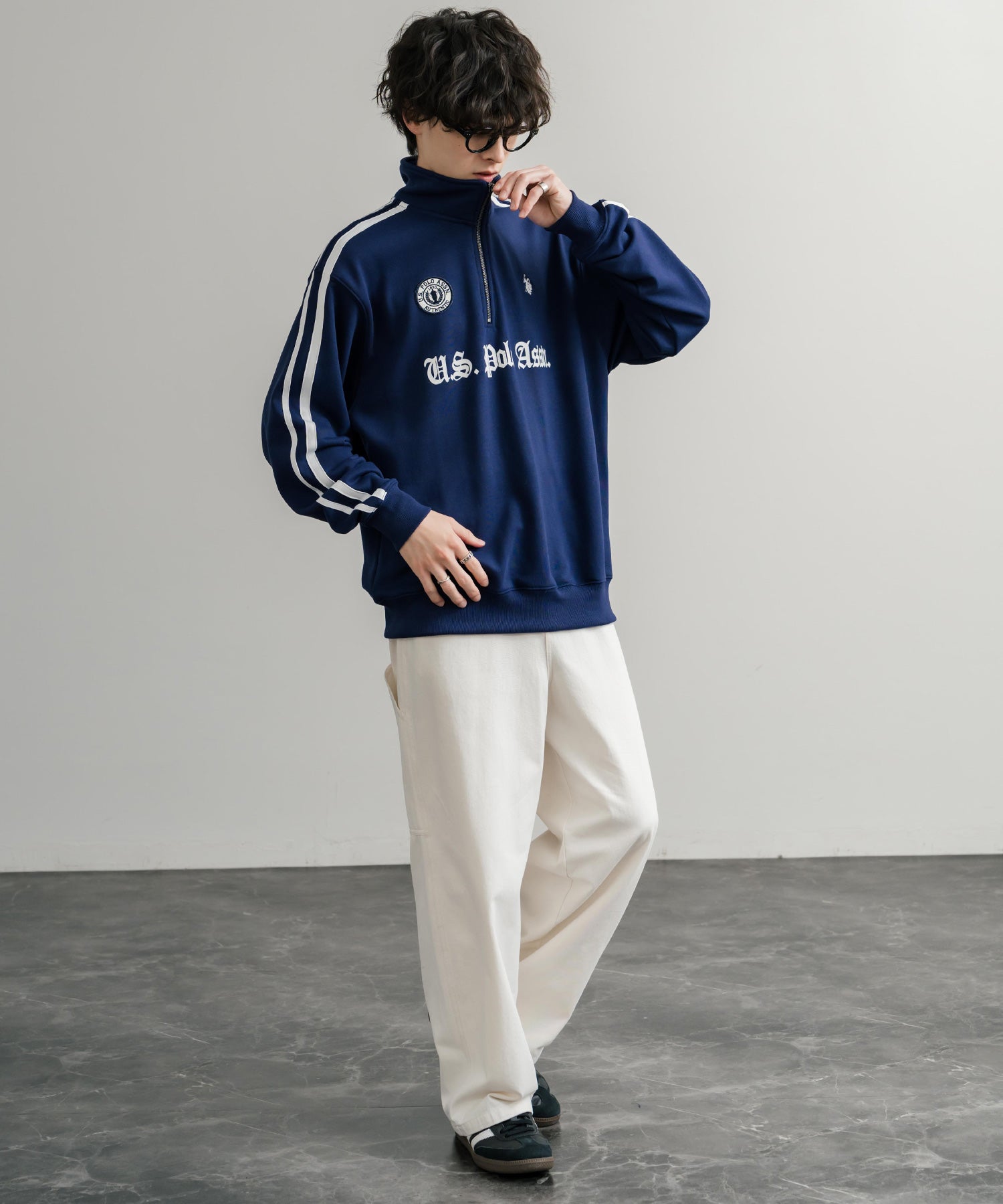 U.S. POLO ASSN. ユーエスポロアッスン half zip sweat shirt オーバーサイズ袖ラインワンポイントロゴ刺繍ハーフジップ裏毛スウェット 14862