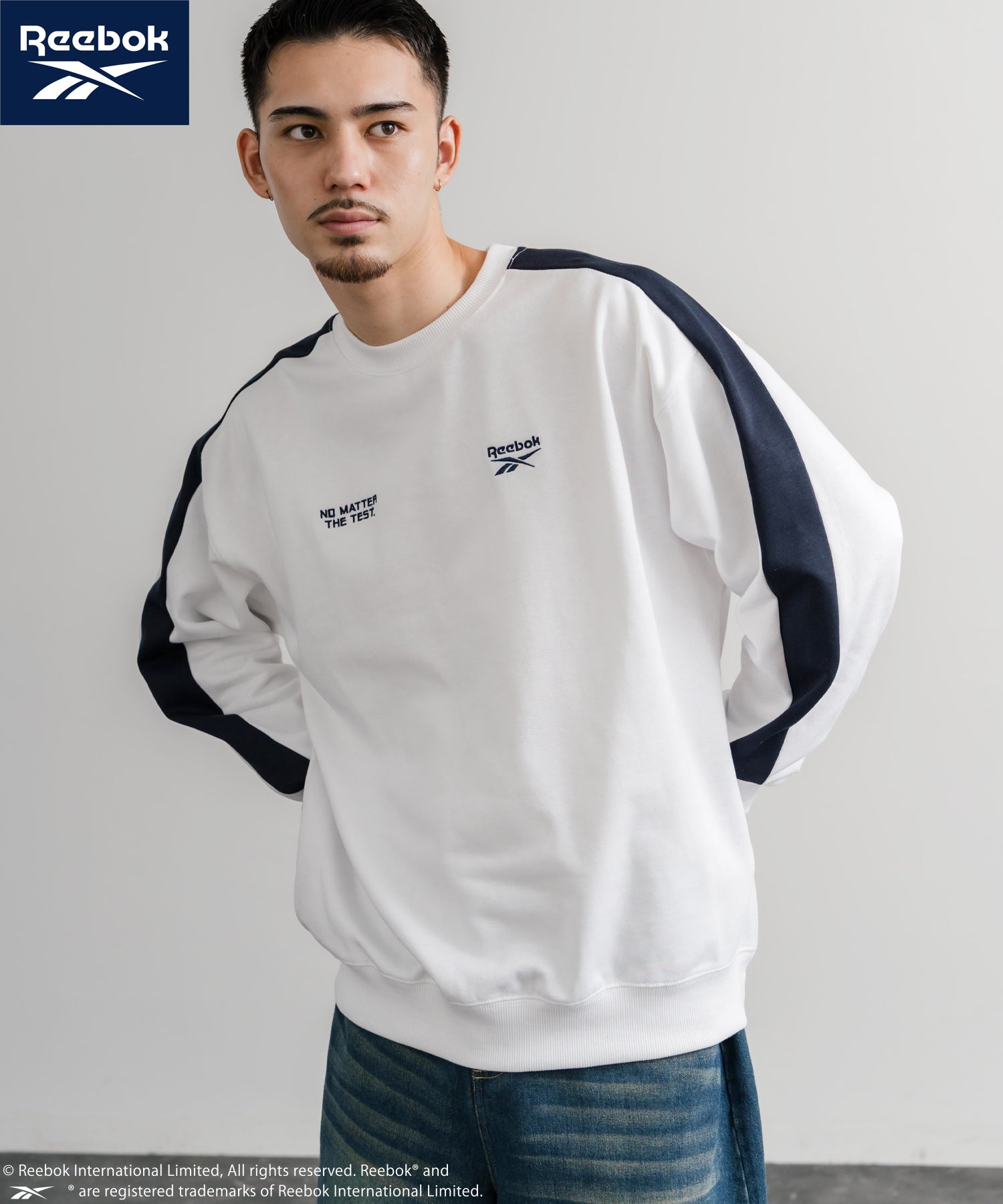 Reebok リーボック オーバーサイズ裏起毛ロゴ刺繍＆ラグラン袖ラインクルートレーナー 14866