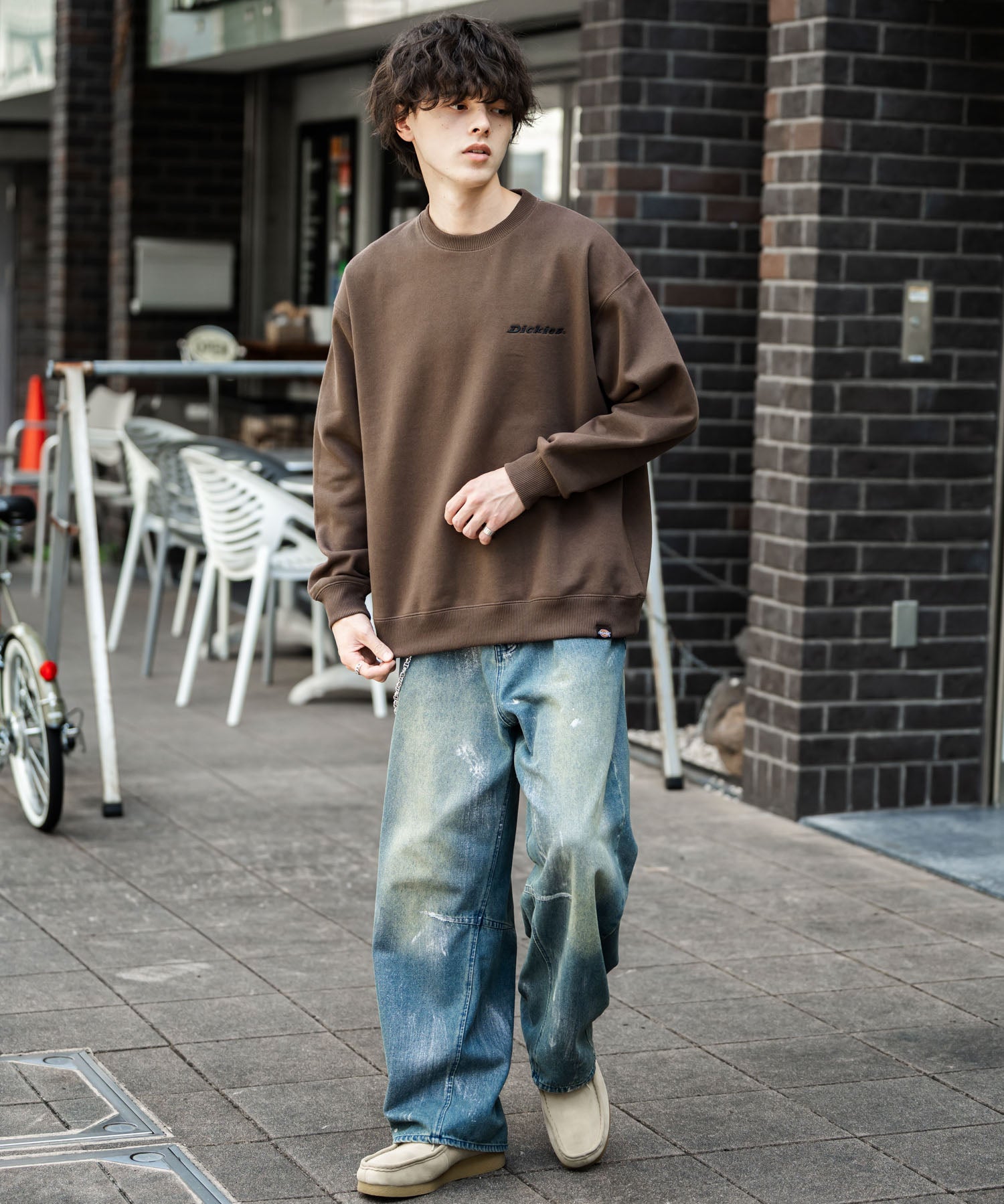 Dickies 裏起毛バックプリント刺繍クルーネック長袖スウェットトレーナー 14886