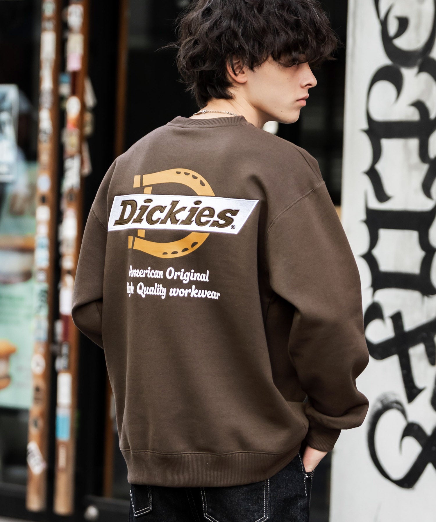 Dickies 裏起毛バックプリント刺繍クルーネック長袖スウェットトレーナー 14886