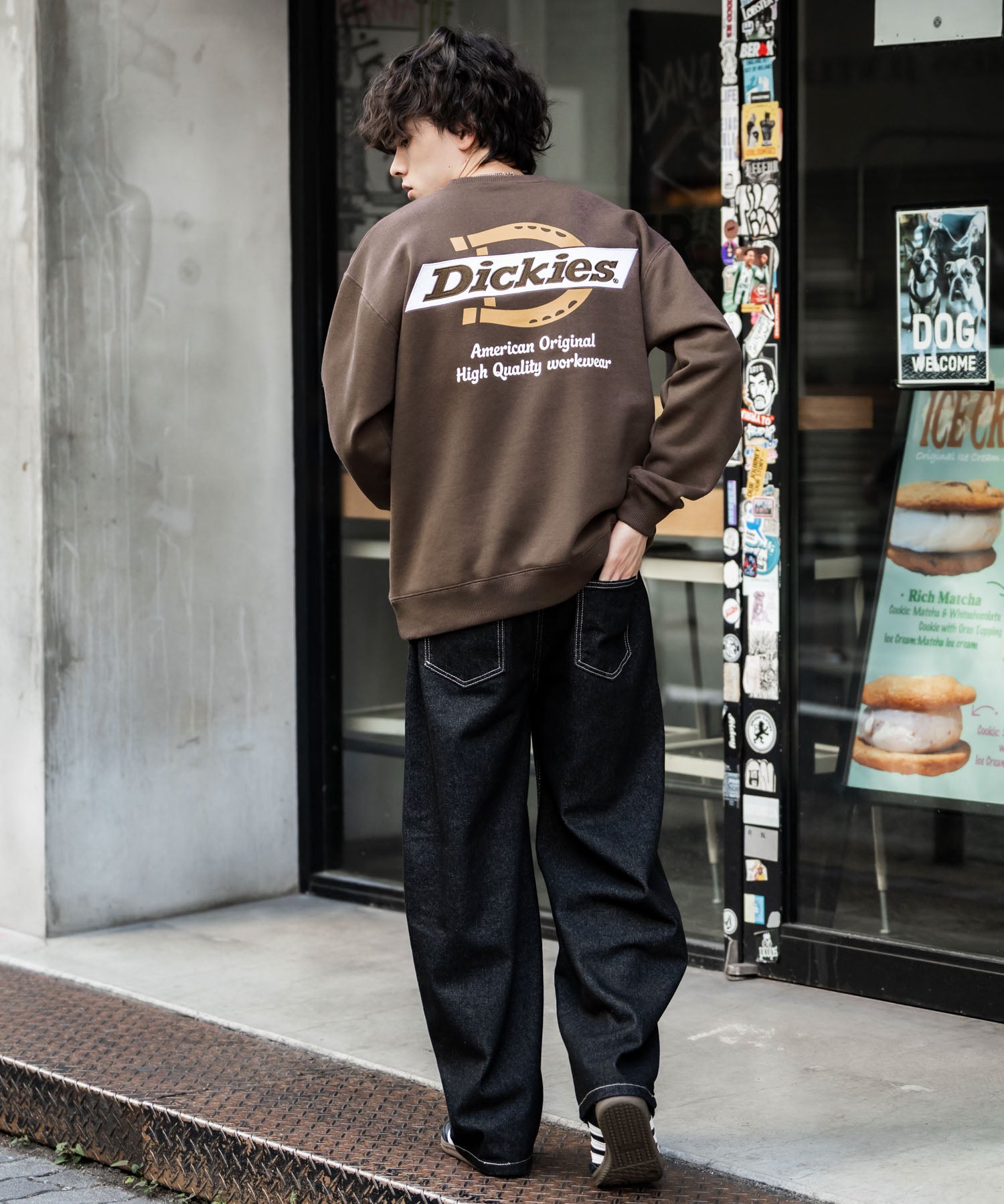 Dickies 裏起毛バックプリント刺繍クルーネック長袖スウェットトレーナー 14886