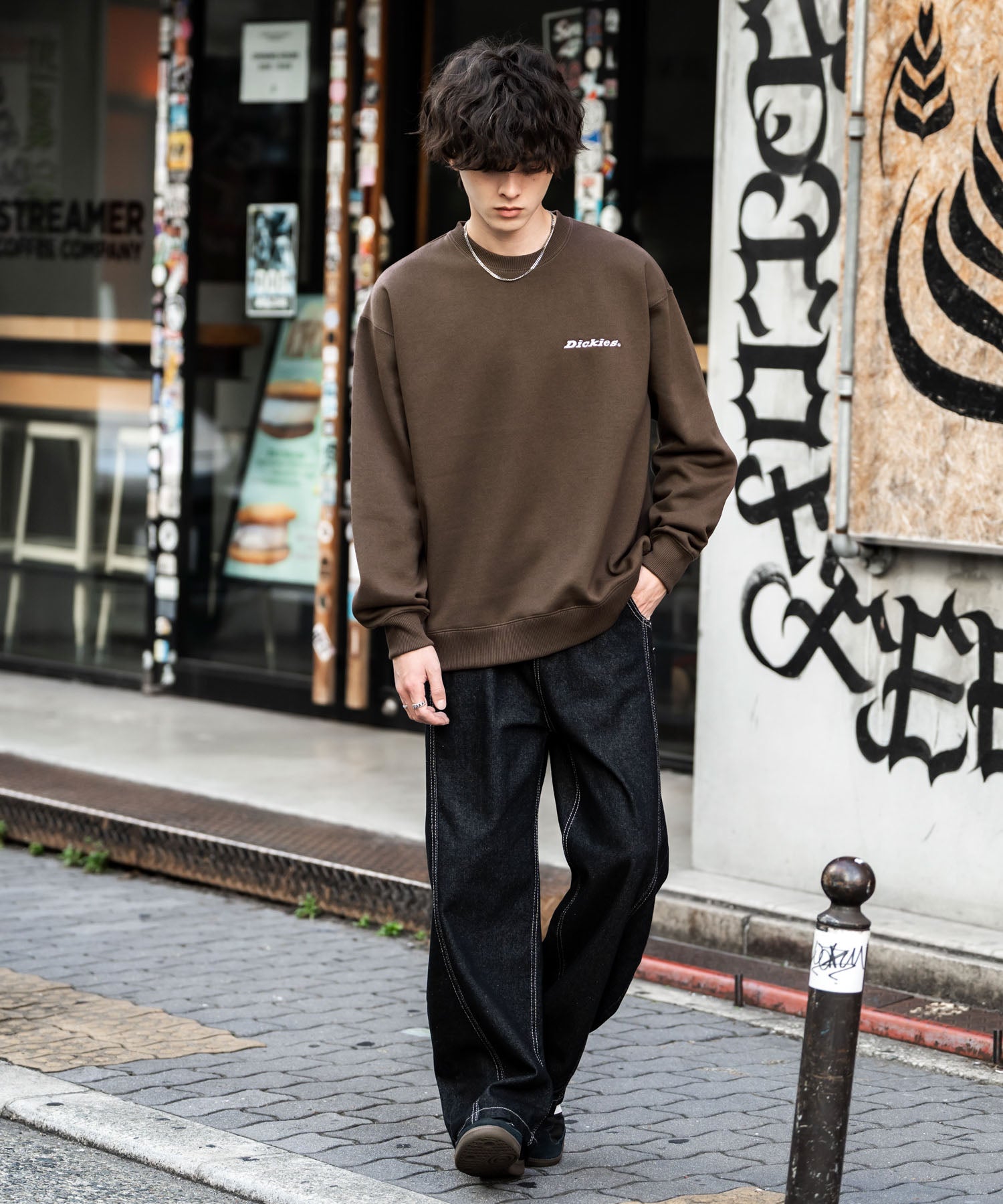 Dickies 裏起毛バックプリント刺繍クルーネック長袖スウェットトレーナー 14886