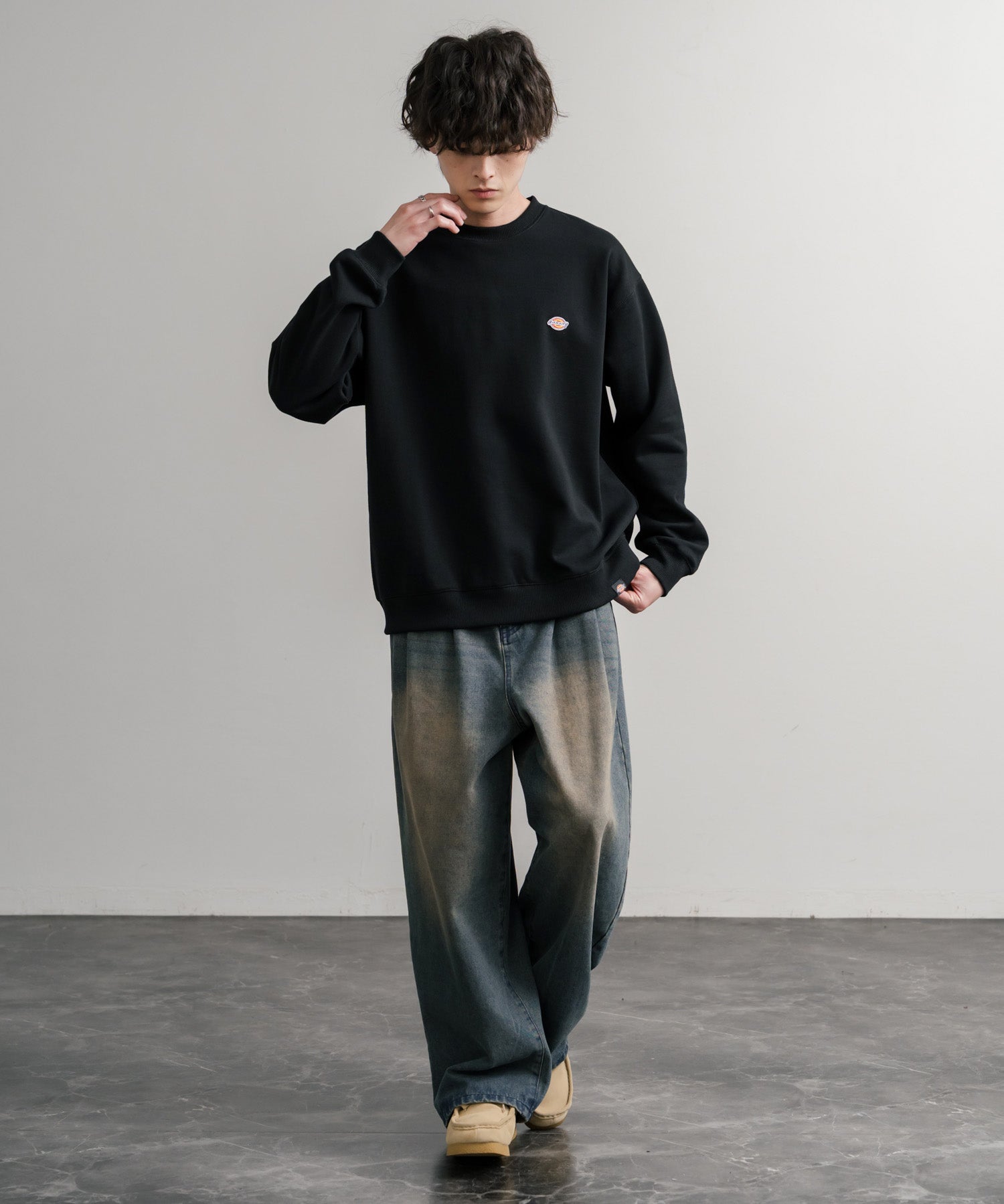 Dickies 裏起毛ワンポイントロゴワッペンクルーネック長袖スウェットトレーナー 14887