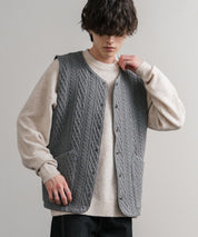 Upscape Audience アップスケープオーディエンス 日本製 国産 尾州 コットンキルト ストライプ柄/ケーブル柄/クロス柄ノーカラースナップベスト AUD7331 14893