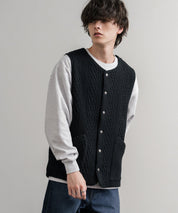 Upscape Audience アップスケープオーディエンス 日本製 国産 尾州 コットンキルト ストライプ柄/ケーブル柄/クロス柄ノーカラースナップベスト AUD7331 14893