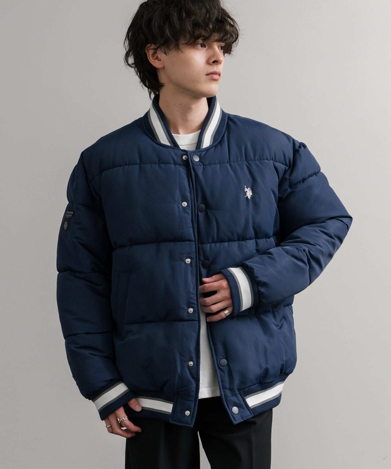 U.S. POLO ASSN. ユーエスポロアッスン PADDED VARSITY JACKET オーバーサイズワンポイントロゴ刺繍中綿スタジャン / 配色切替パデッドジャケット 14894