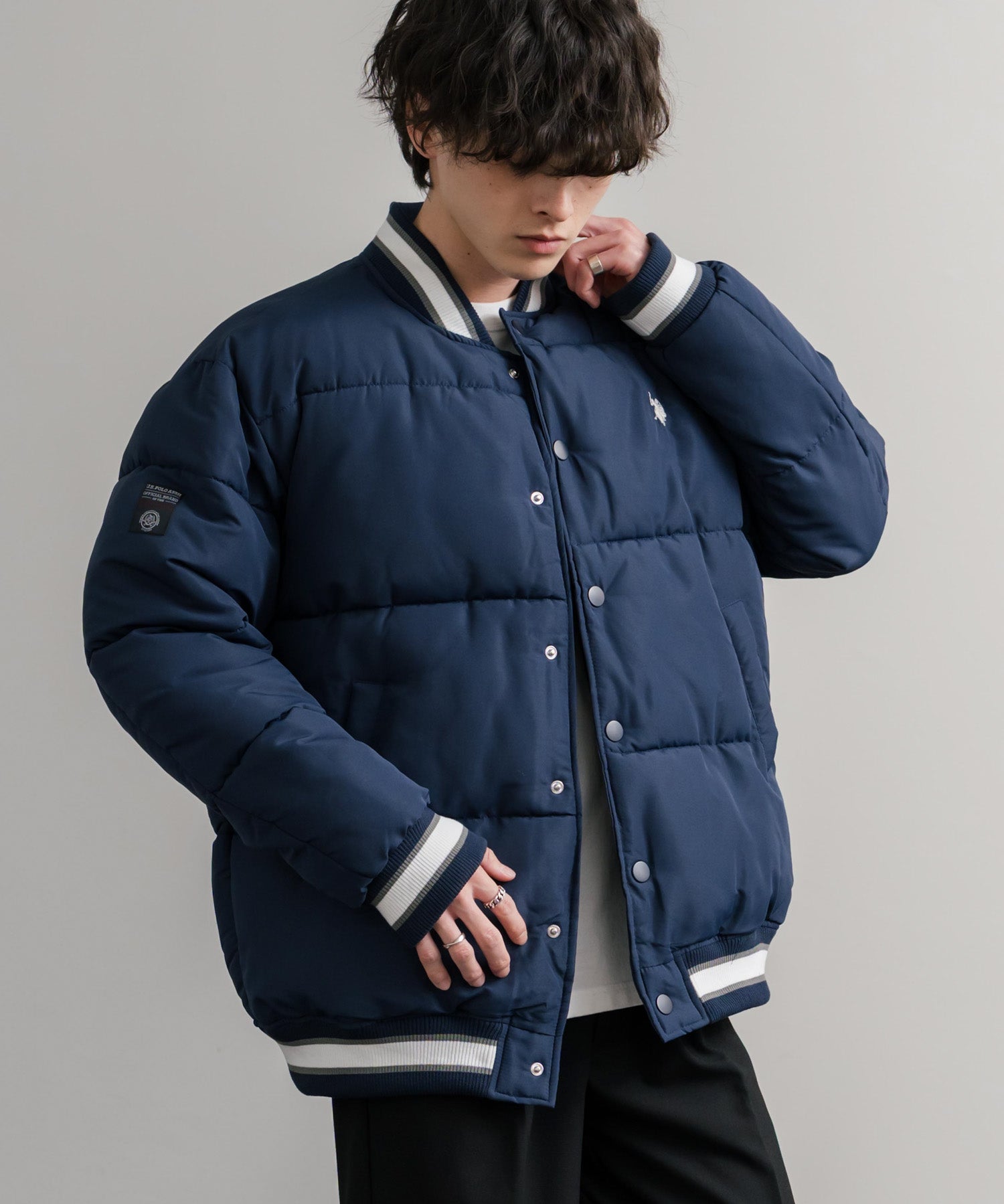 U.S. POLO ASSN. ユーエスポロアッスン PADDED VARSITY JACKET オーバーサイズワンポイントロゴ刺繍中綿スタジャン / 配色切替パデッドジャケット 14894