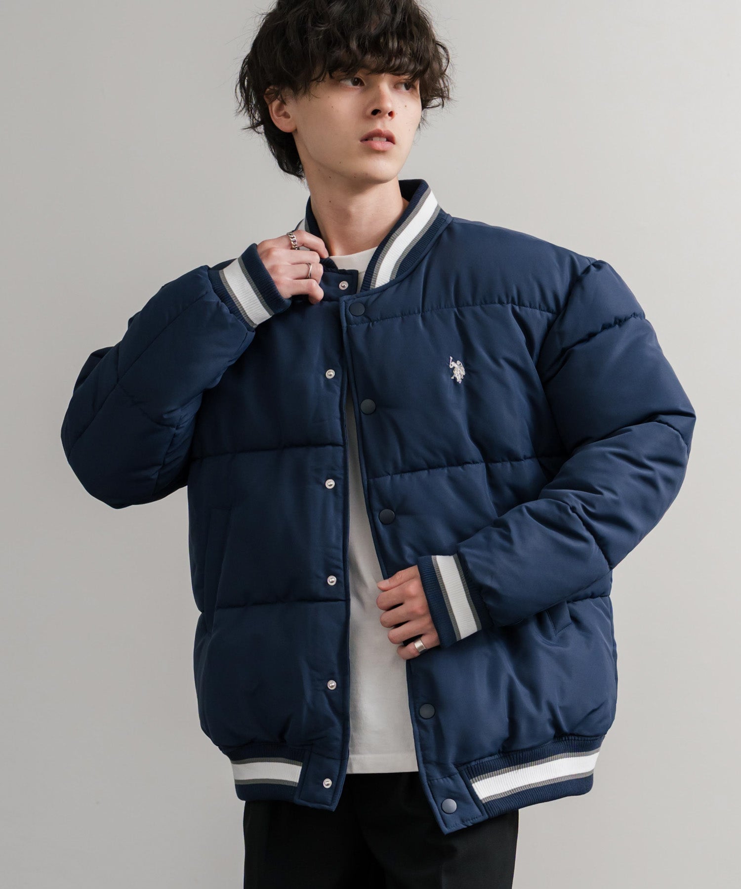 U.S. POLO ASSN. ユーエスポロアッスン PADDED VARSITY JACKET オーバーサイズワンポイントロゴ刺繍中綿スタジャン / 配色切替パデッドジャケット 14894