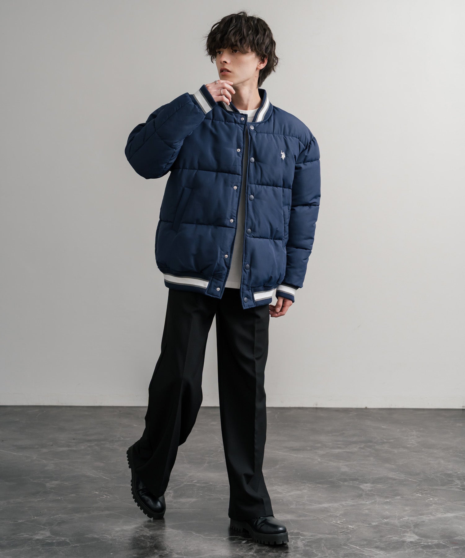 U.S. POLO ASSN. ユーエスポロアッスン PADDED VARSITY JACKET オーバーサイズワンポイントロゴ刺繍中綿スタジャン / 配色切替パデッドジャケット 14894