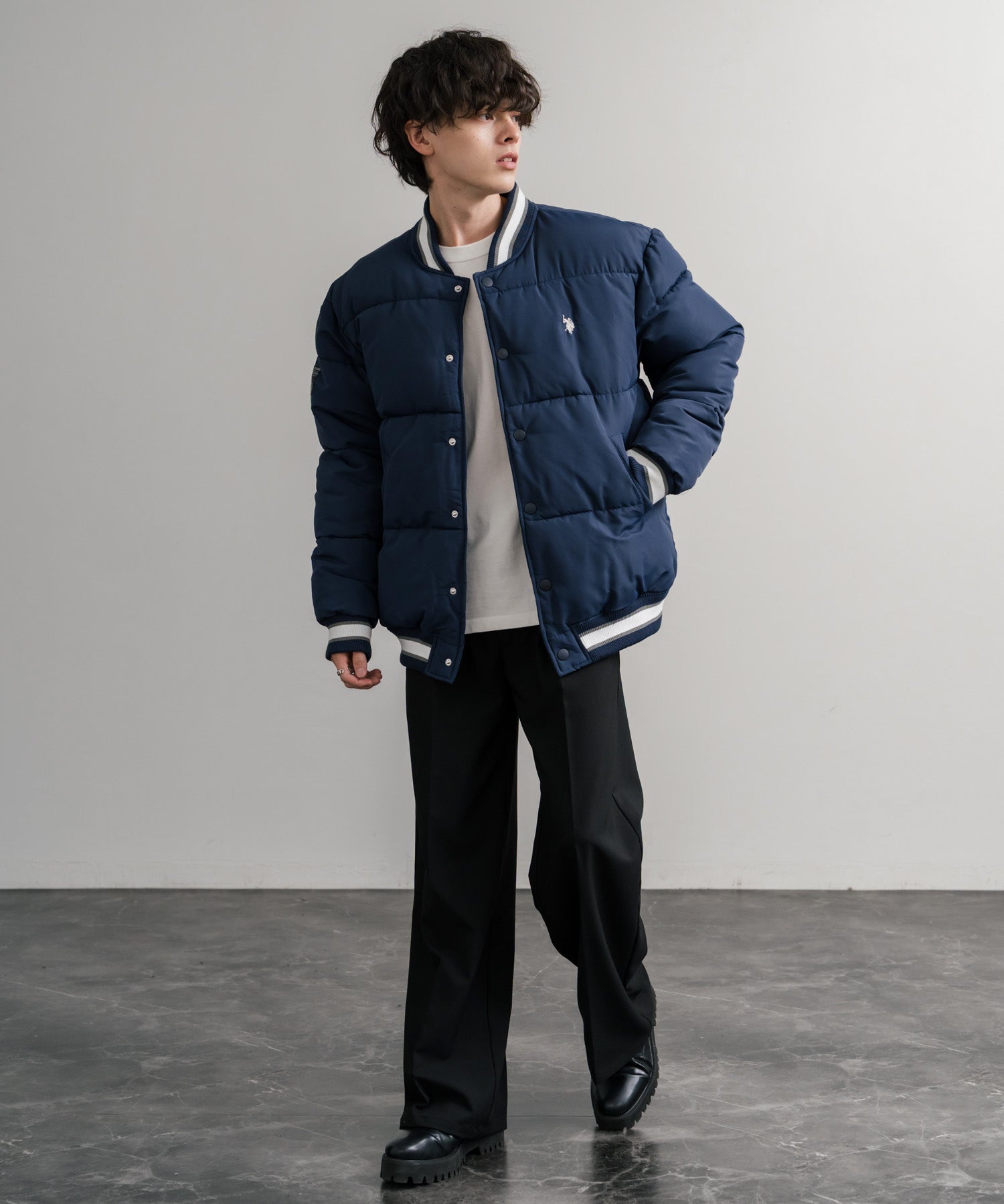 U.S. POLO ASSN. ユーエスポロアッスン PADDED VARSITY JACKET オーバーサイズワンポイントロゴ刺繍中綿スタジャン / 配色切替パデッドジャケット 14894