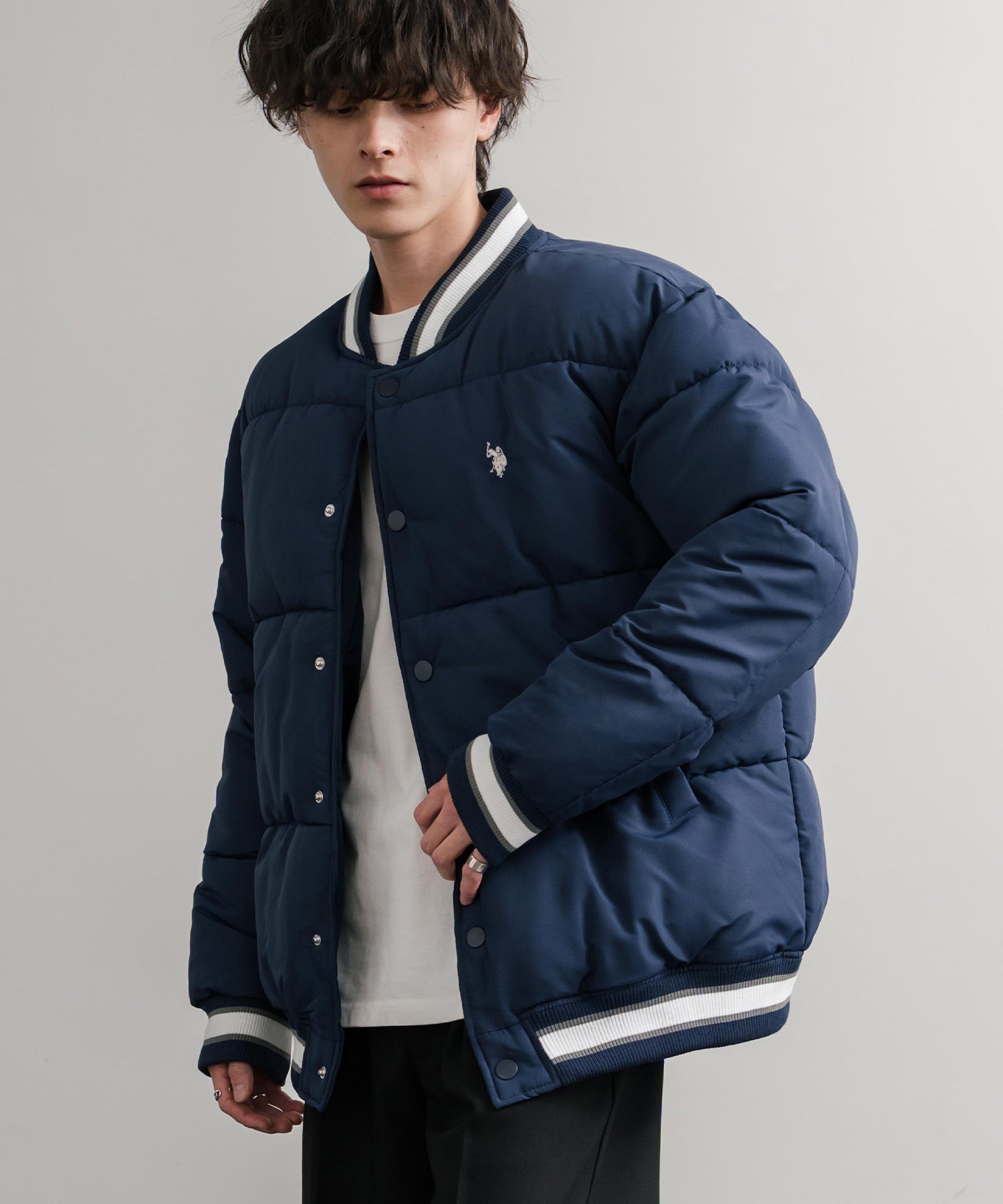 U.S. POLO ASSN. ユーエスポロアッスン PADDED VARSITY JACKET オーバーサイズワンポイントロゴ刺繍中綿スタジャン / 配色切替パデッドジャケット 14894