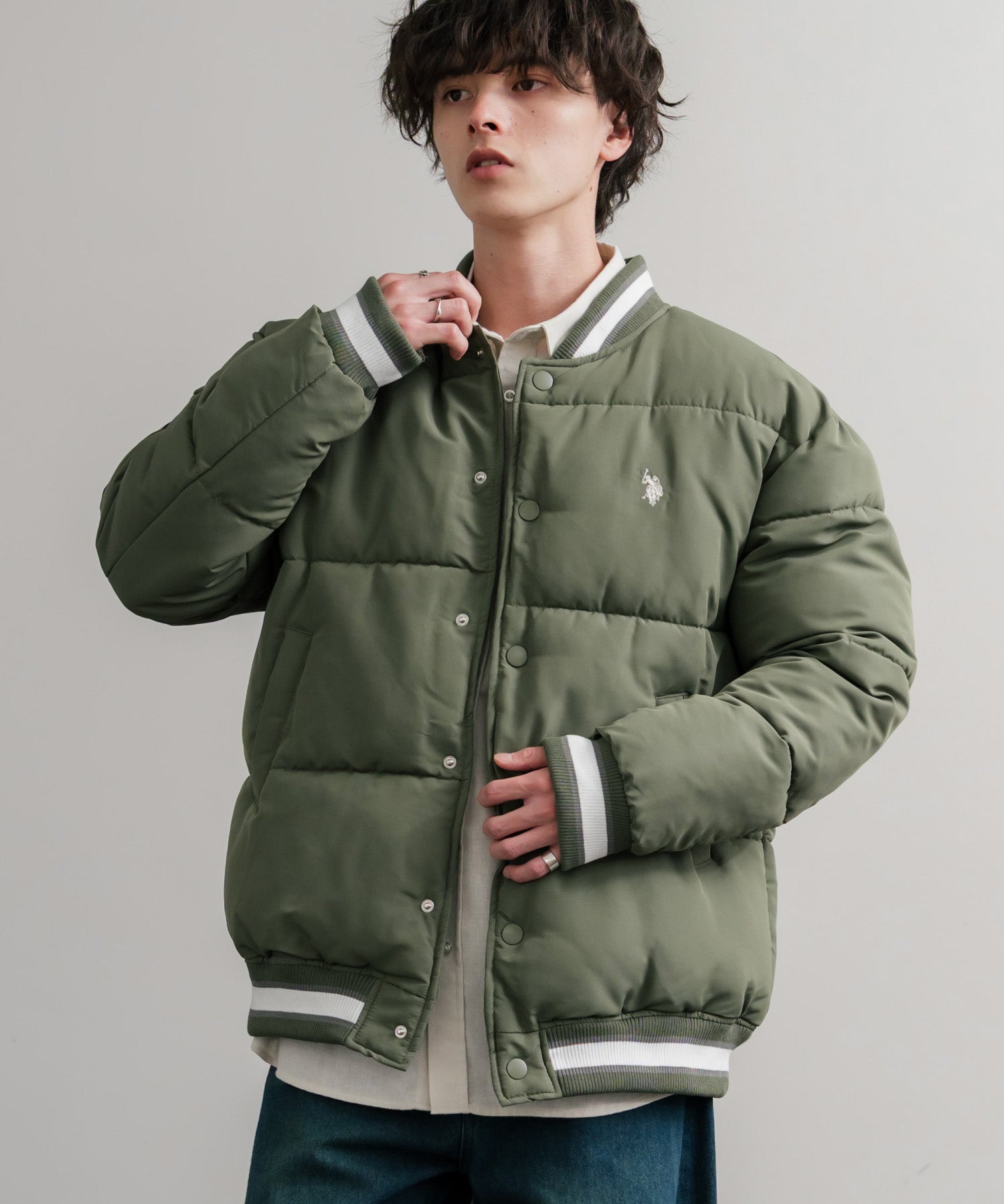 U.S. POLO ASSN. ユーエスポロアッスン PADDED VARSITY JACKET オーバーサイズワンポイントロゴ刺繍中綿スタジャン / 配色切替パデッドジャケット 14894