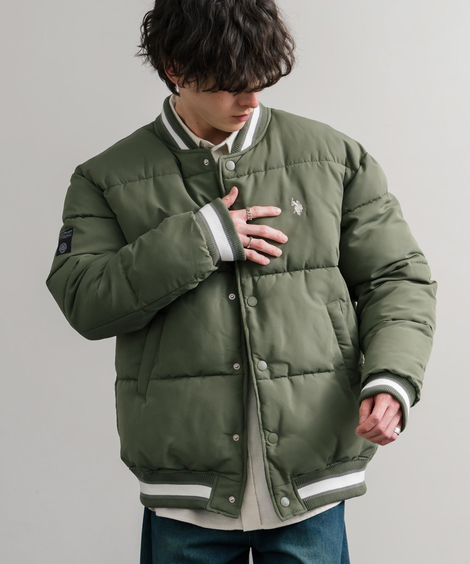 U.S. POLO ASSN. ユーエスポロアッスン PADDED VARSITY JACKET オーバーサイズワンポイントロゴ刺繍中綿スタジャン / 配色切替パデッドジャケット 14894