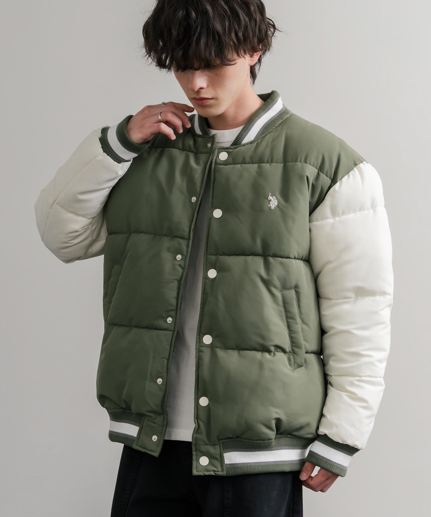 U.S. POLO ASSN. ユーエスポロアッスン PADDED VARSITY JACKET オーバーサイズワンポイントロゴ刺繍中綿スタジャン / 配色切替パデッドジャケット 14894