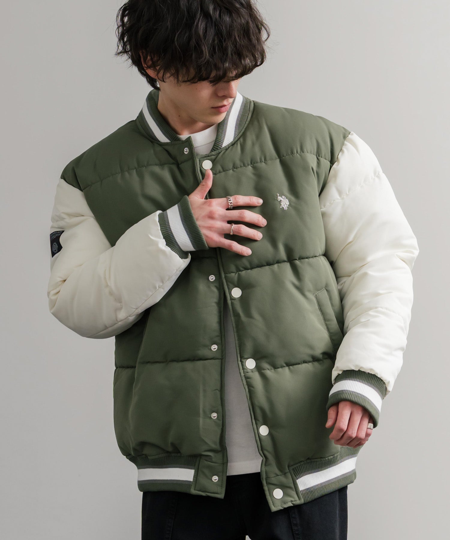 U.S. POLO ASSN. ユーエスポロアッスン PADDED VARSITY JACKET オーバーサイズワンポイントロゴ刺繍中綿スタジャン / 配色切替パデッドジャケット 14894
