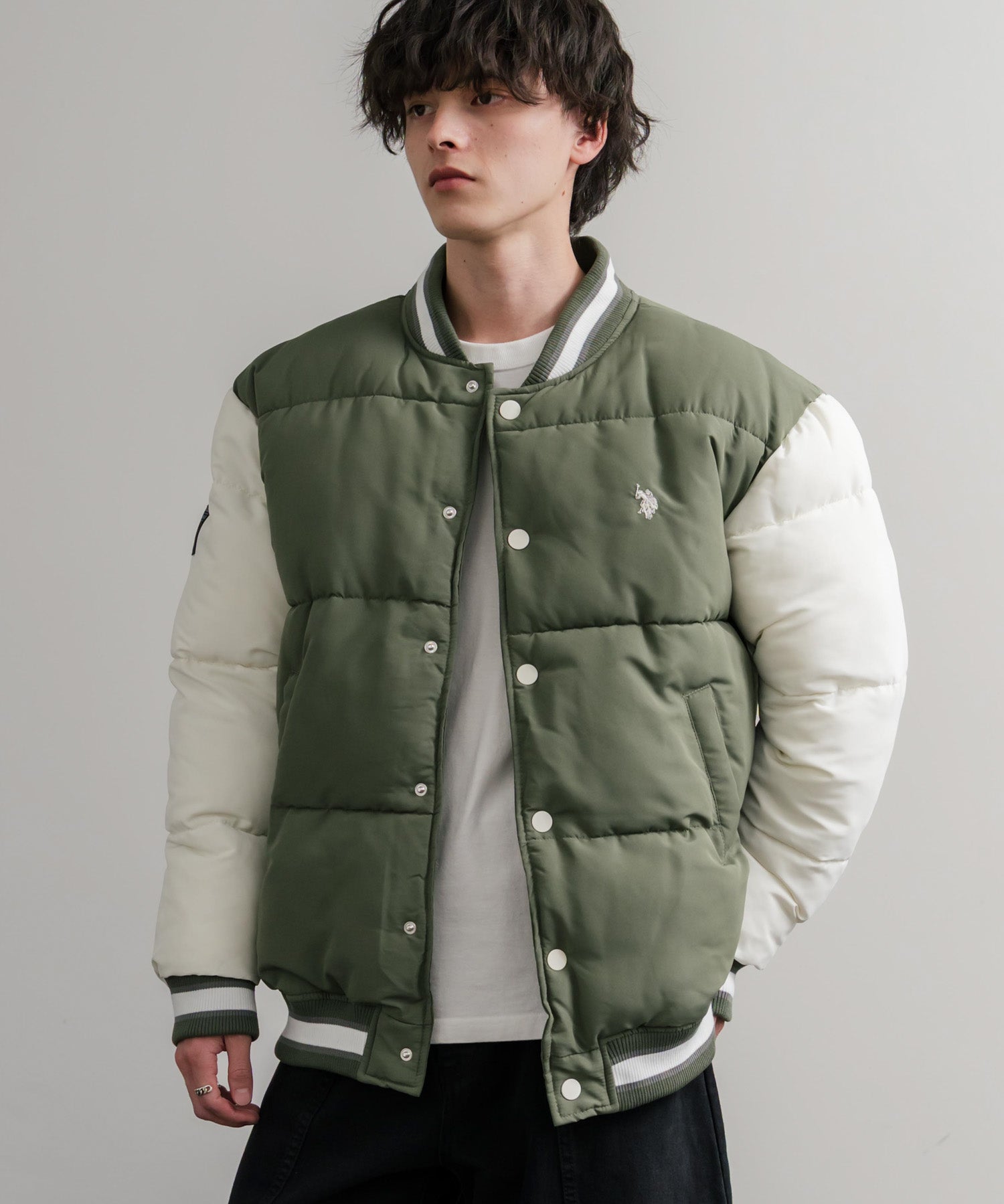 U.S. POLO ASSN. ユーエスポロアッスン PADDED VARSITY JACKET オーバーサイズワンポイントロゴ刺繍中綿スタジャン / 配色切替パデッドジャケット 14894