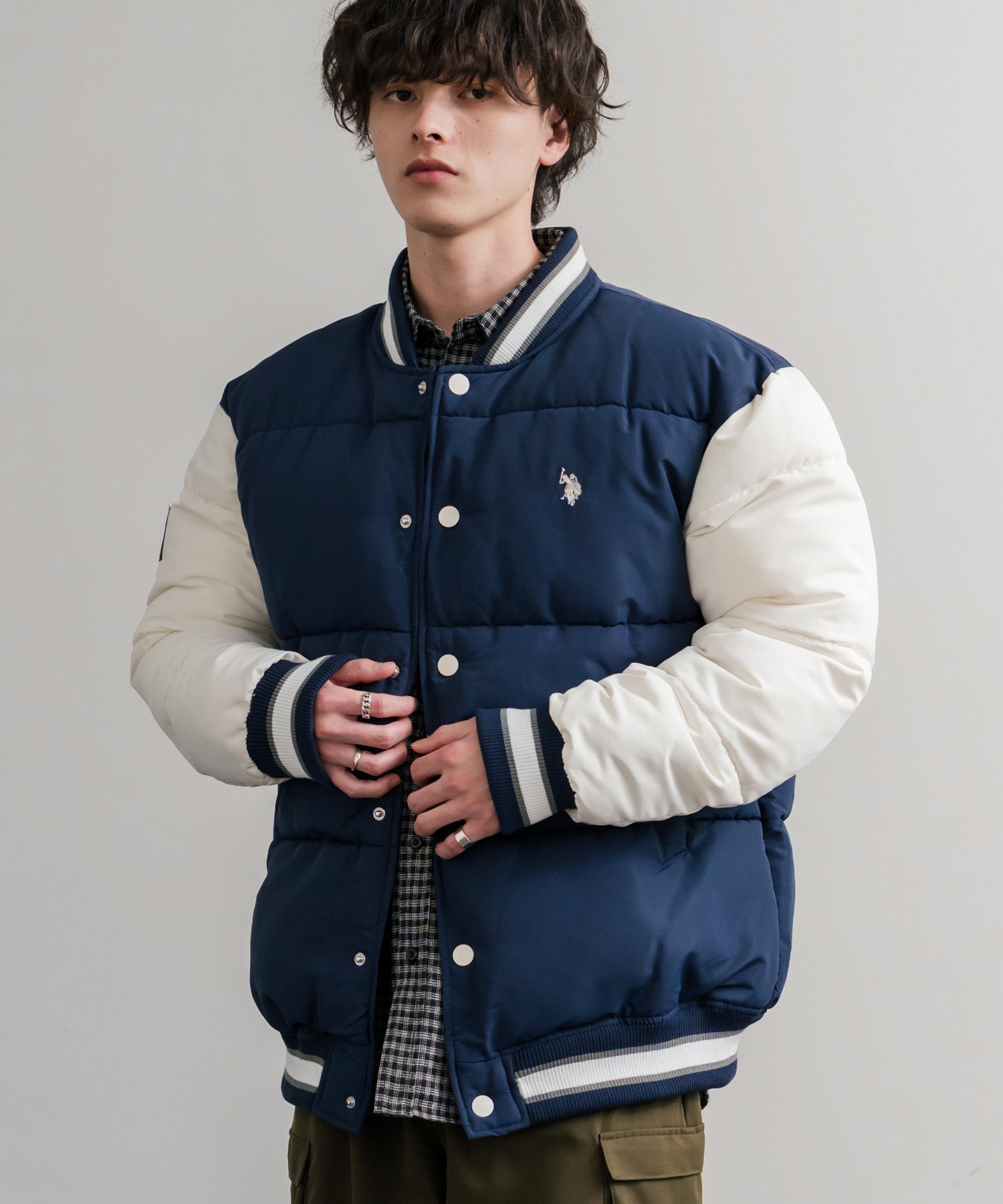 U.S. POLO ASSN. ユーエスポロアッスン PADDED VARSITY JACKET オーバーサイズワンポイントロゴ刺繍中綿スタジャン / 配色切替パデッドジャケット 14894