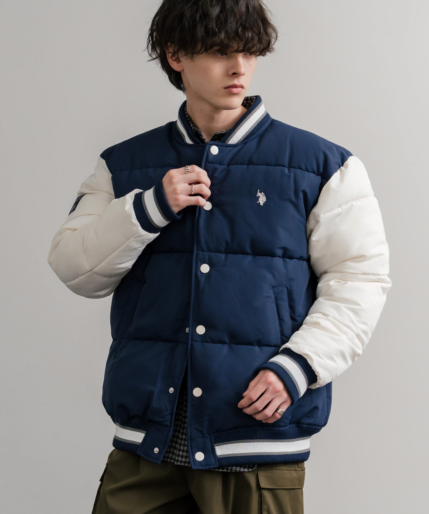 U.S. POLO ASSN. ユーエスポロアッスン PADDED VARSITY JACKET オーバーサイズワンポイントロゴ刺繍中綿スタジャン / 配色切替パデッドジャケット 14894
