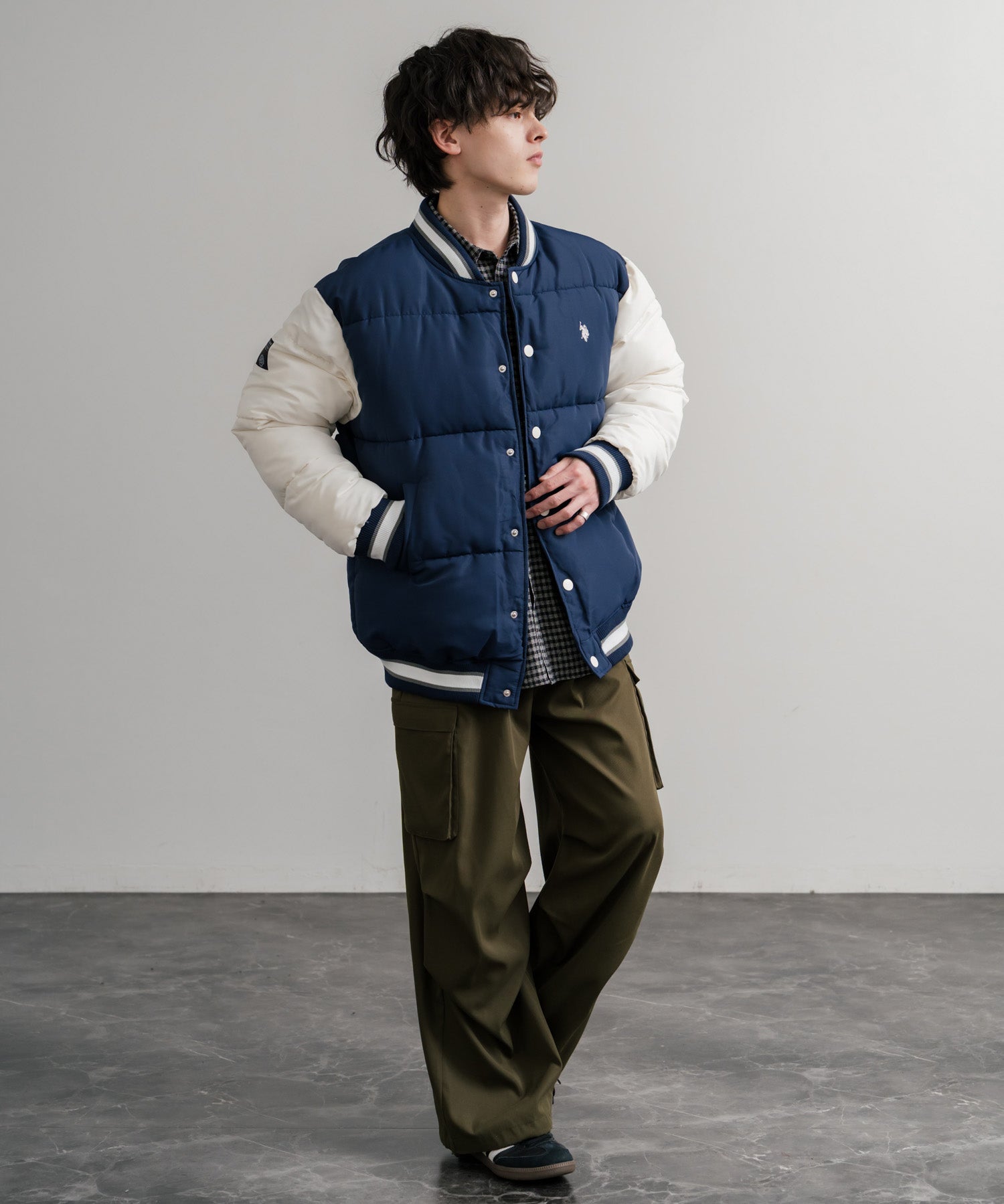 U.S. POLO ASSN. ユーエスポロアッスン PADDED VARSITY JACKET オーバーサイズワンポイントロゴ刺繍中綿スタジャン / 配色切替パデッドジャケット 14894