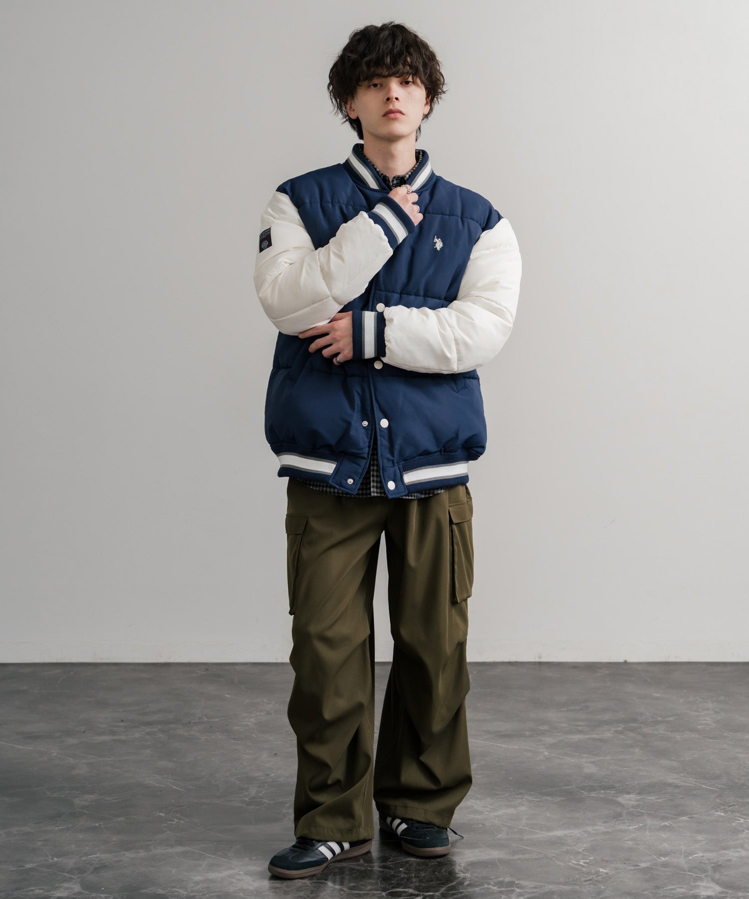U.S. POLO ASSN. ユーエスポロアッスン PADDED VARSITY JACKET オーバーサイズワンポイントロゴ刺繍中綿スタジャン / 配色切替パデッドジャケット 14894