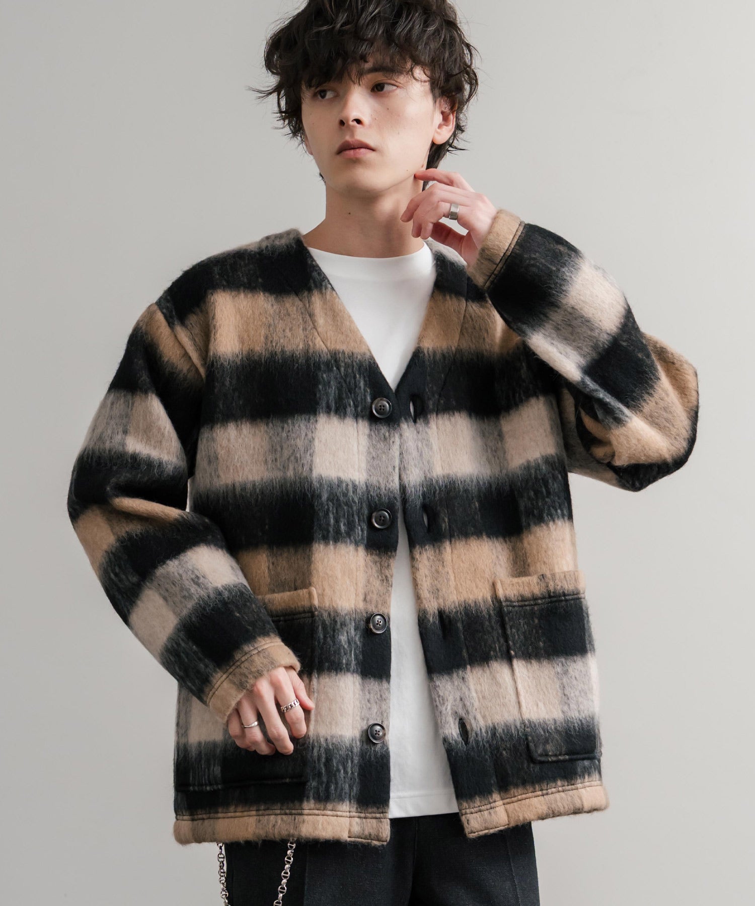 Upscape Audience アップスケープオーディエンス 日本製 国産 ECOLANA オーバーサイズシャギーチェックノーカラージャケット AUD7339 14897