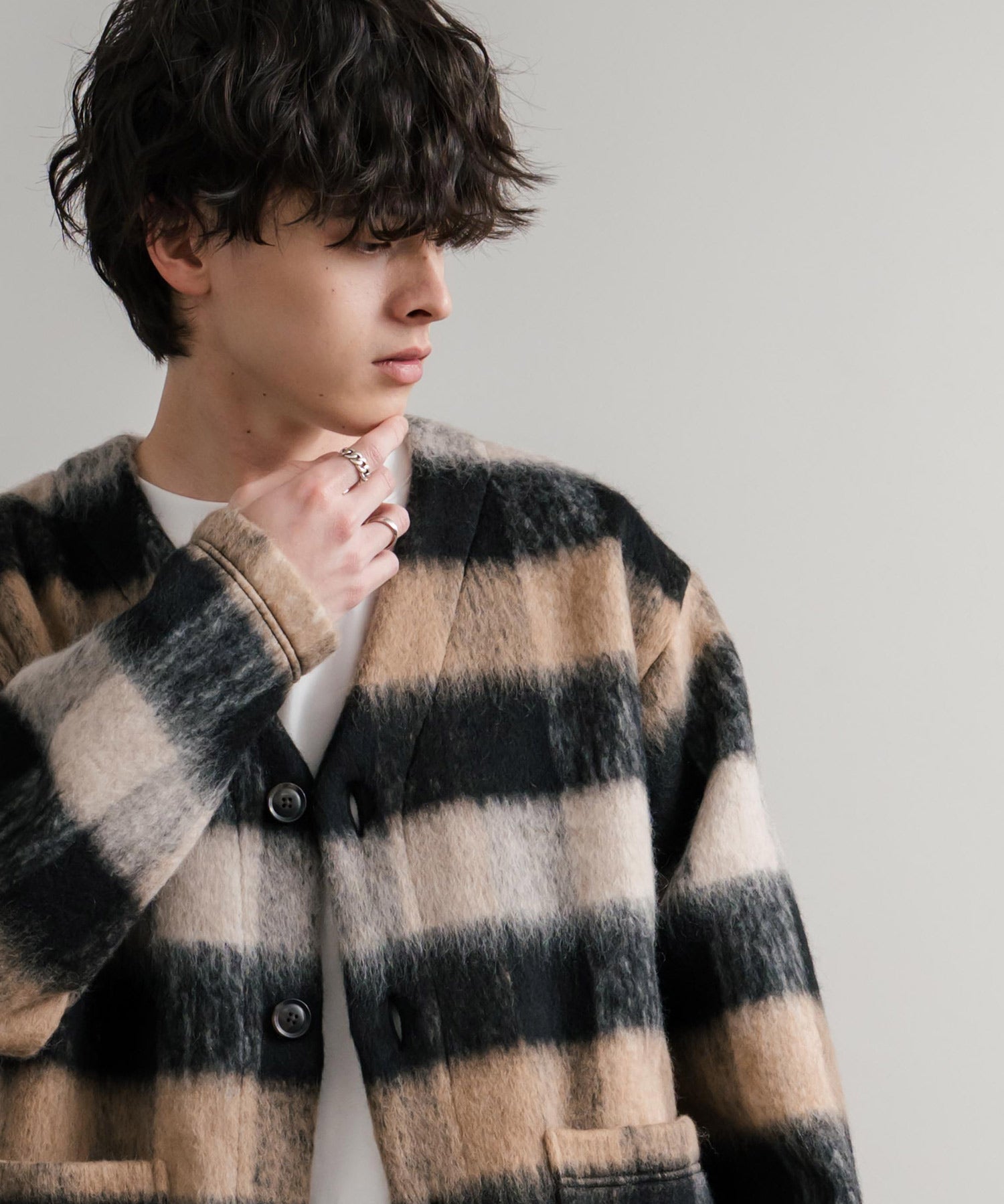 Upscape Audience アップスケープオーディエンス 日本製 国産 ECOLANA オーバーサイズシャギーチェックノーカラージャケット AUD7339 14897