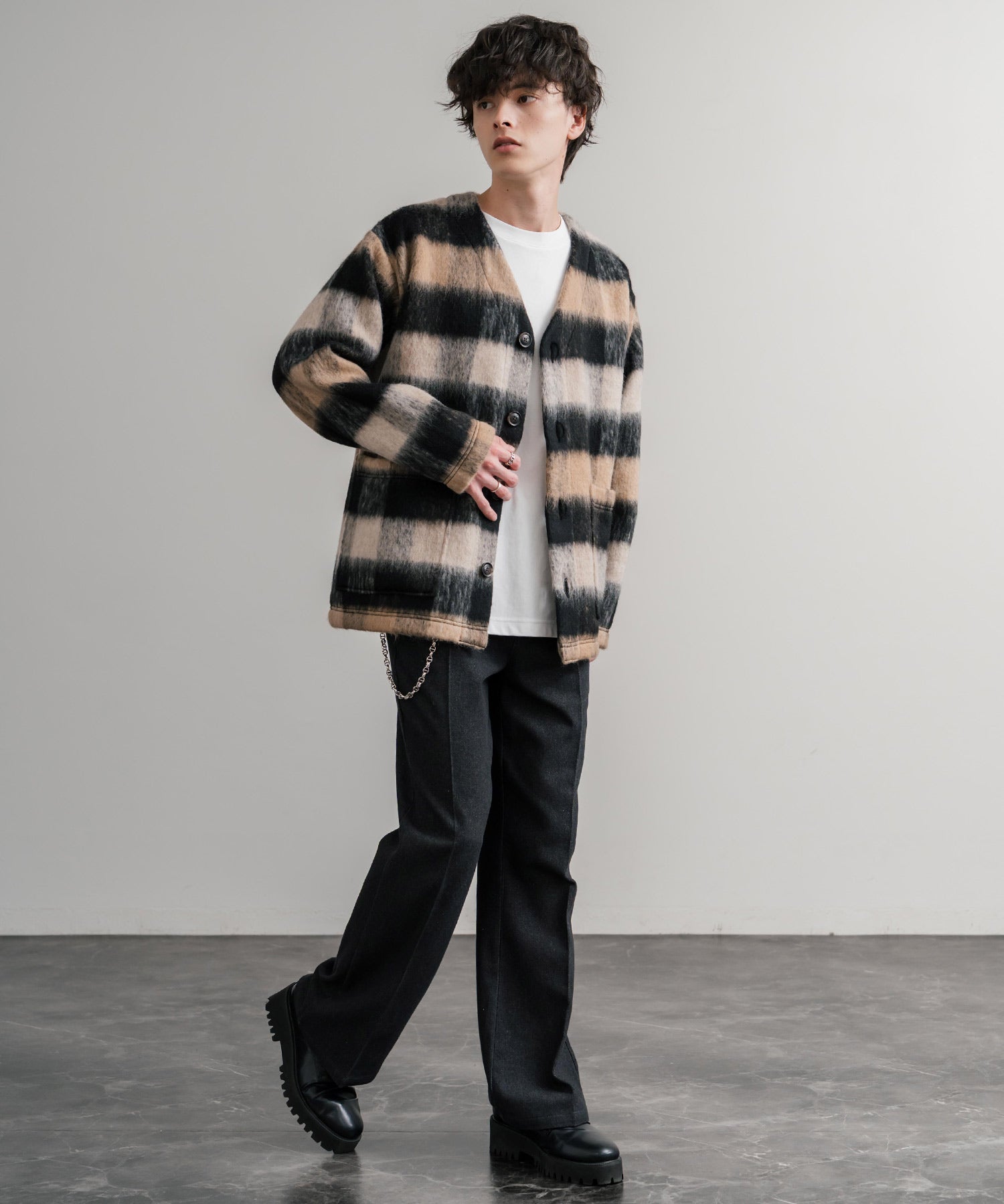 Upscape Audience アップスケープオーディエンス 日本製 国産 ECOLANA オーバーサイズシャギーチェックノーカラージャケット AUD7339 14897