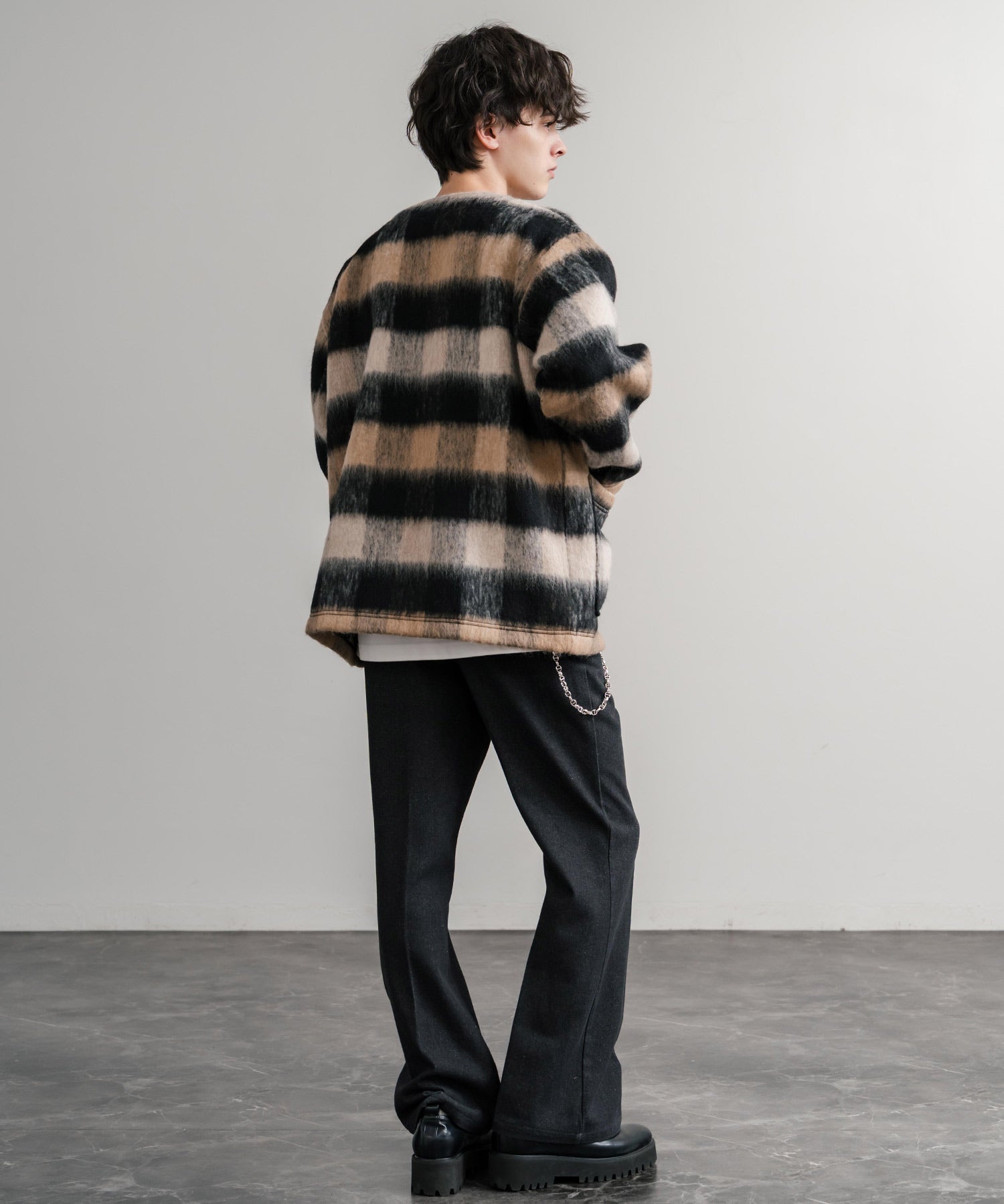 Upscape Audience アップスケープオーディエンス 日本製 国産 ECOLANA オーバーサイズシャギーチェックノーカラージャケット AUD7339 14897