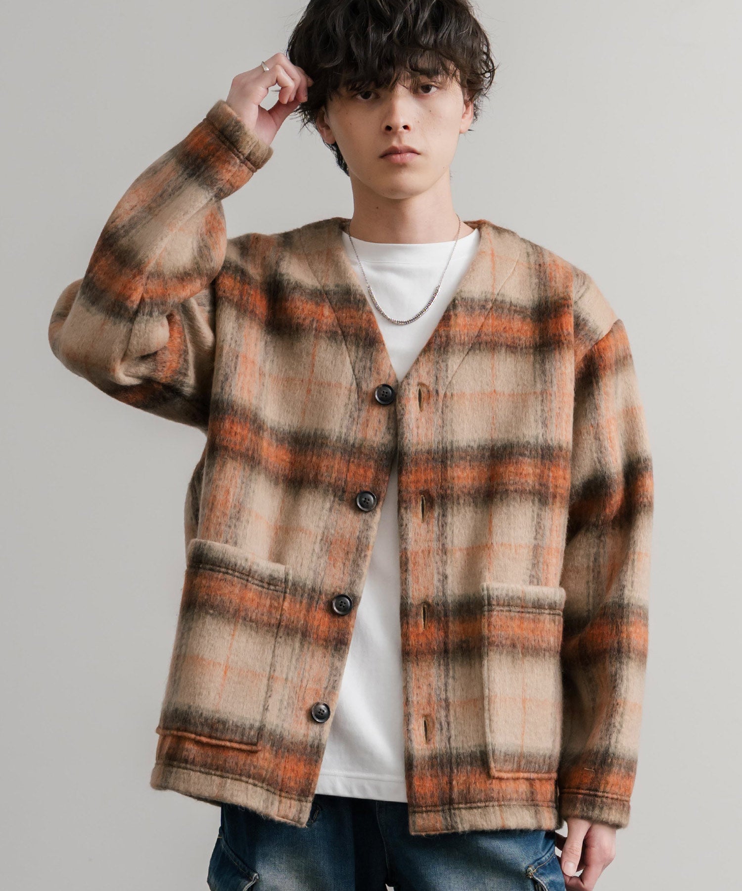 Upscape Audience アップスケープオーディエンス 日本製 国産 ECOLANA オーバーサイズシャギーチェックノーカラージャケット AUD7339 14897