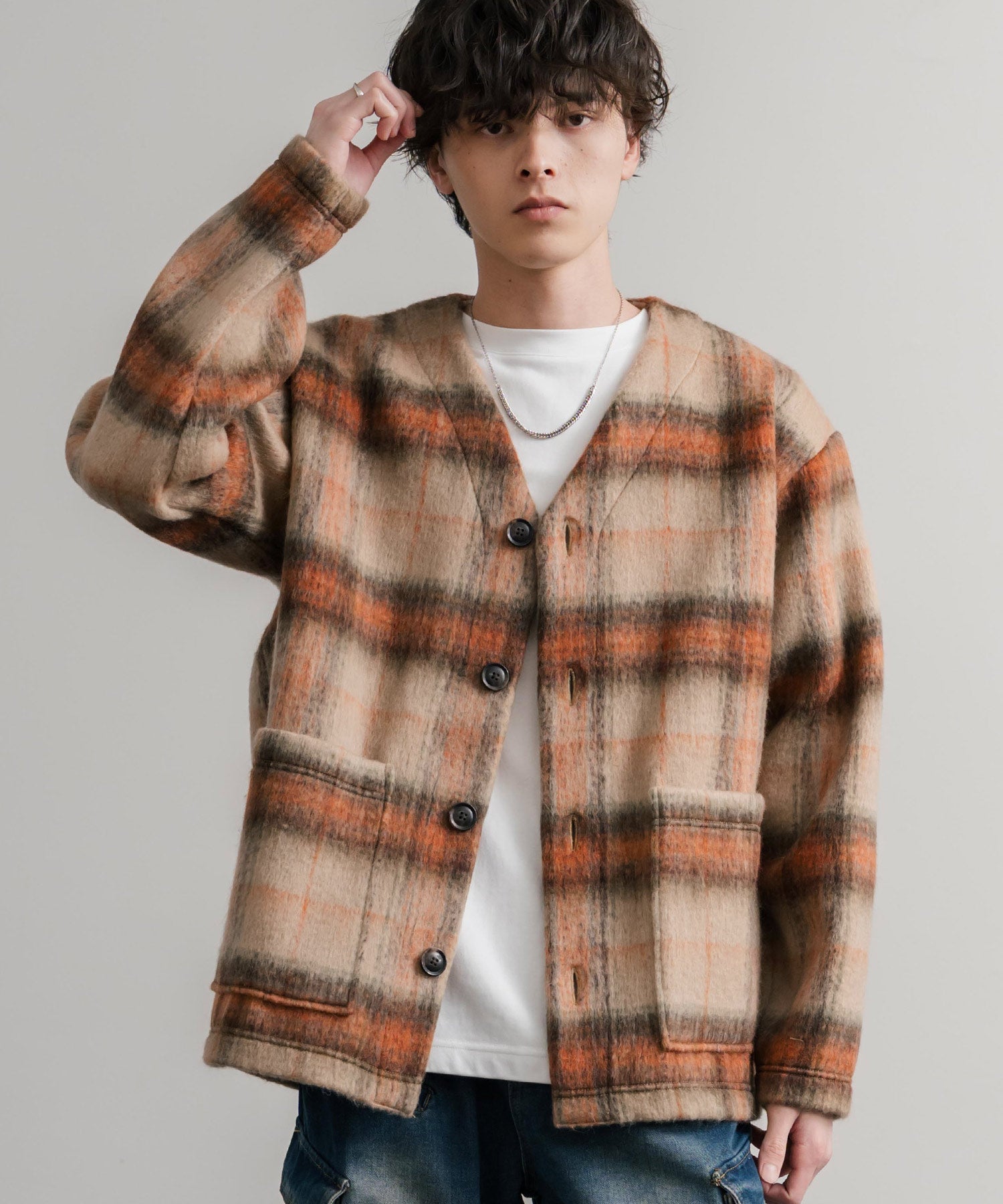 Upscape Audience アップスケープオーディエンス 日本製 国産 ECOLANA オーバーサイズシャギーチェックノーカラージャケット AUD7339 14897