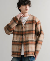 Upscape Audience アップスケープオーディエンス 日本製 国産 ECOLANA オーバーサイズシャギーチェックノーカラージャケット AUD7339 14897