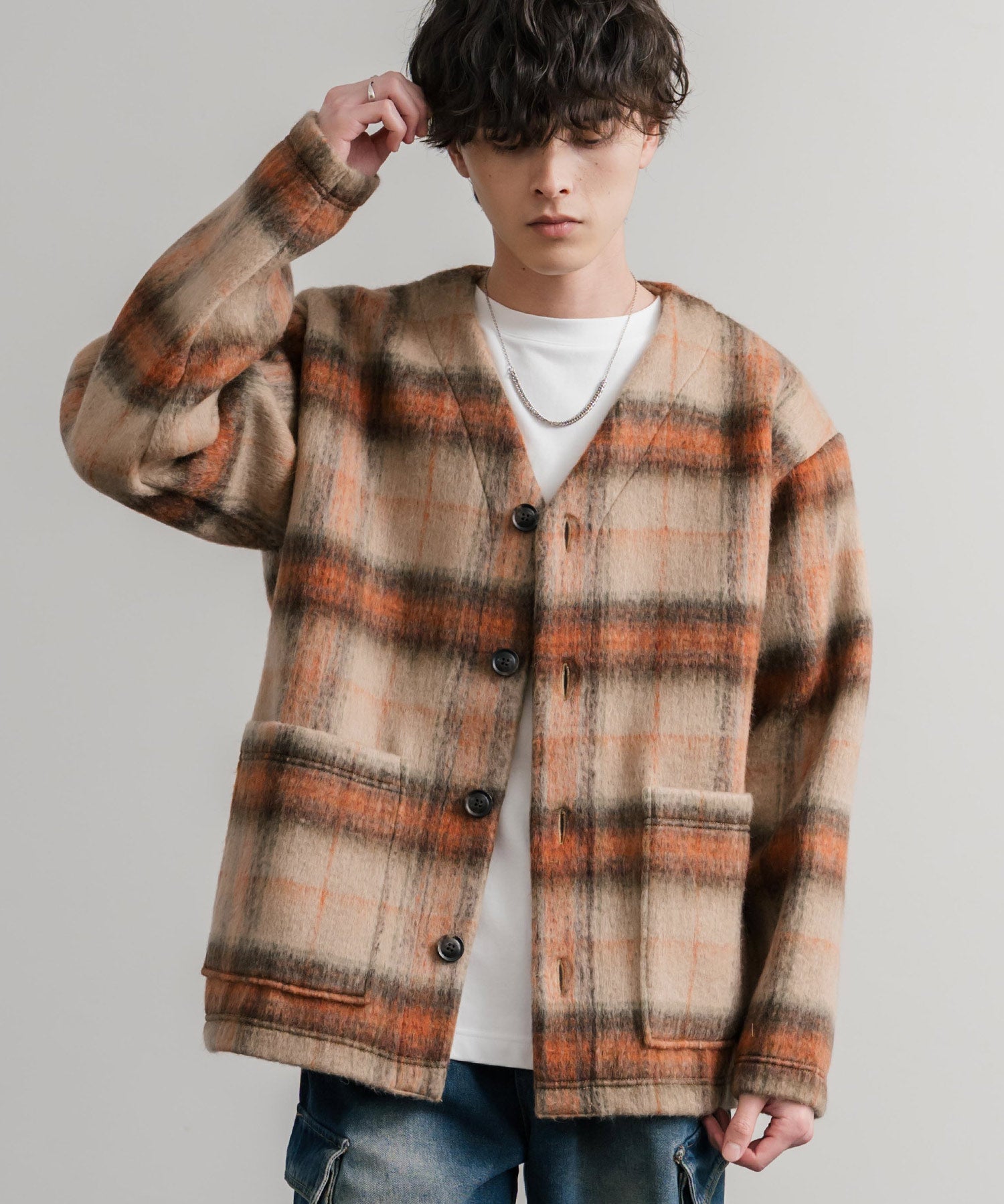 Upscape Audience アップスケープオーディエンス 日本製 国産 ECOLANA オーバーサイズシャギーチェックノーカラージャケット AUD7339 14897