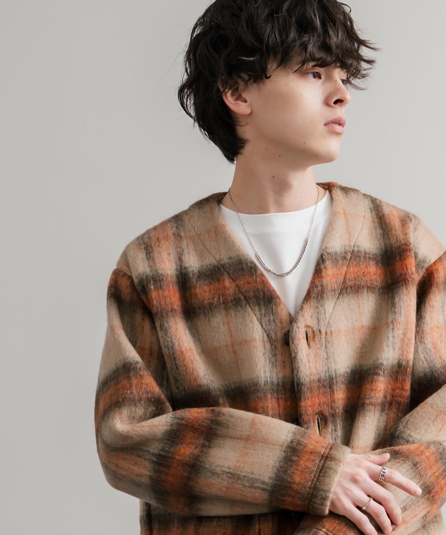 Upscape Audience アップスケープオーディエンス 日本製 国産 ECOLANA オーバーサイズシャギーチェックノーカラージャケット AUD7339 14897