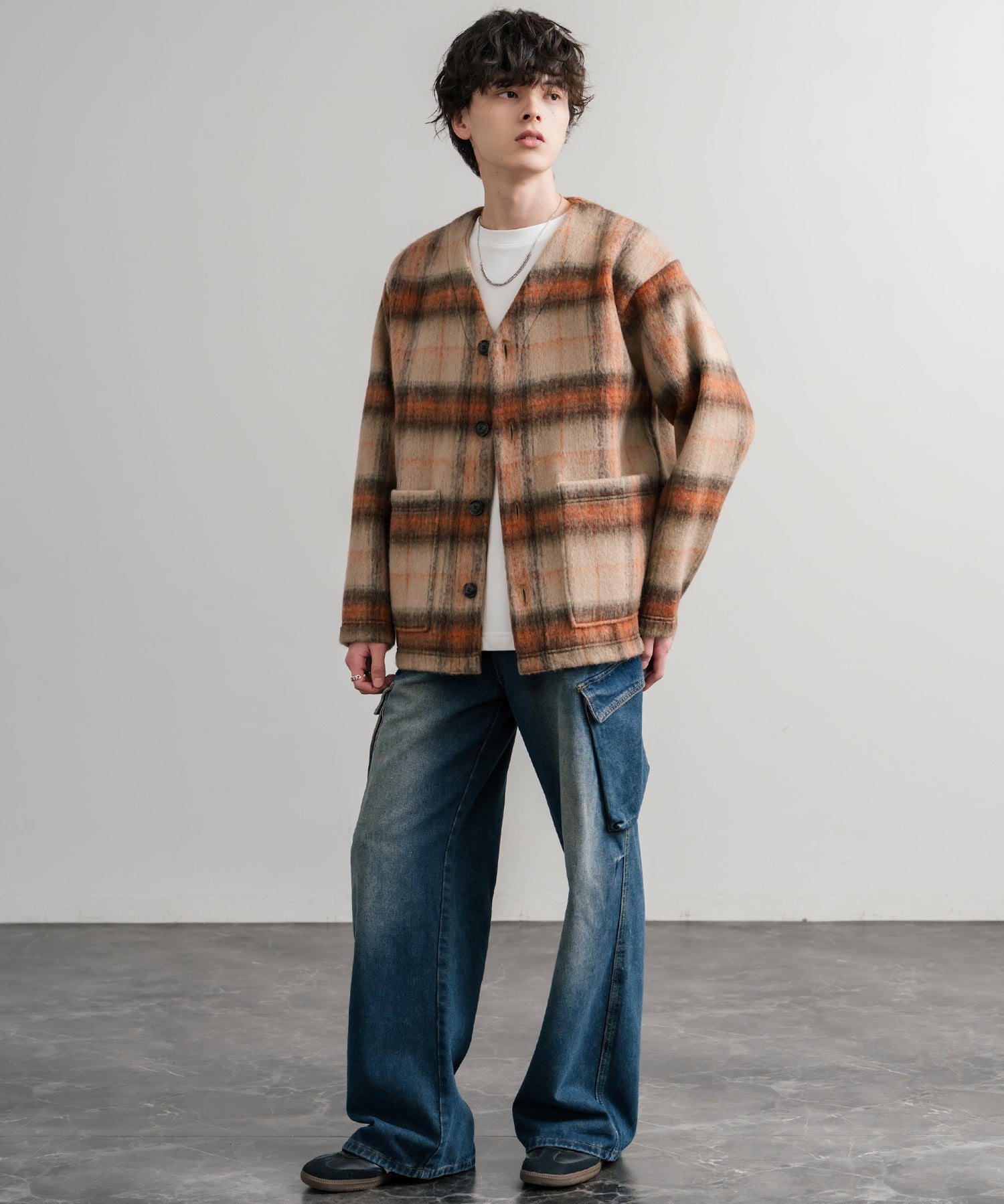 Upscape Audience アップスケープオーディエンス 日本製 国産 ECOLANA オーバーサイズシャギーチェックノーカラージャケット AUD7339 14897