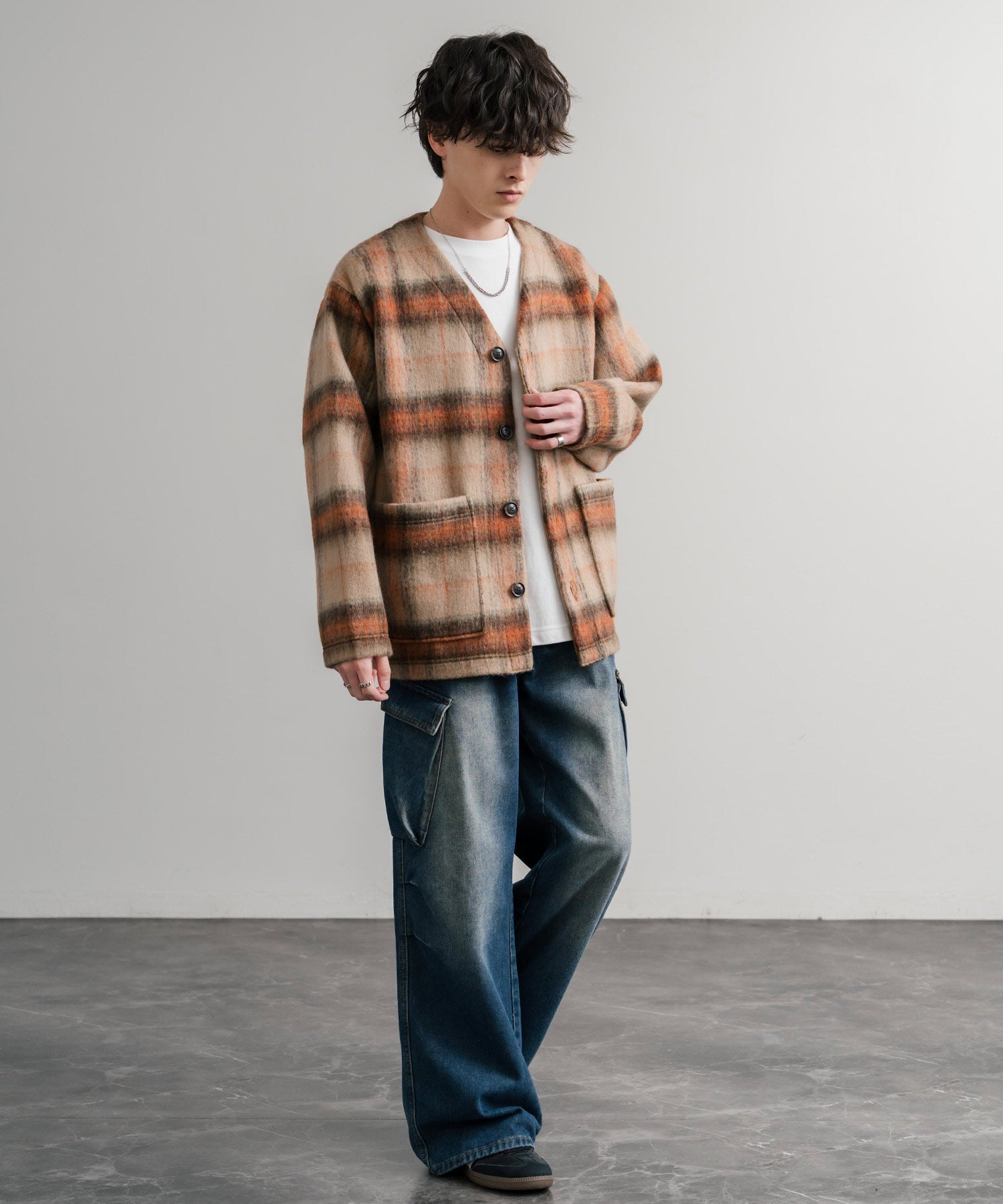 Upscape Audience アップスケープオーディエンス 日本製 国産 ECOLANA オーバーサイズシャギーチェックノーカラージャケット AUD7339 14897