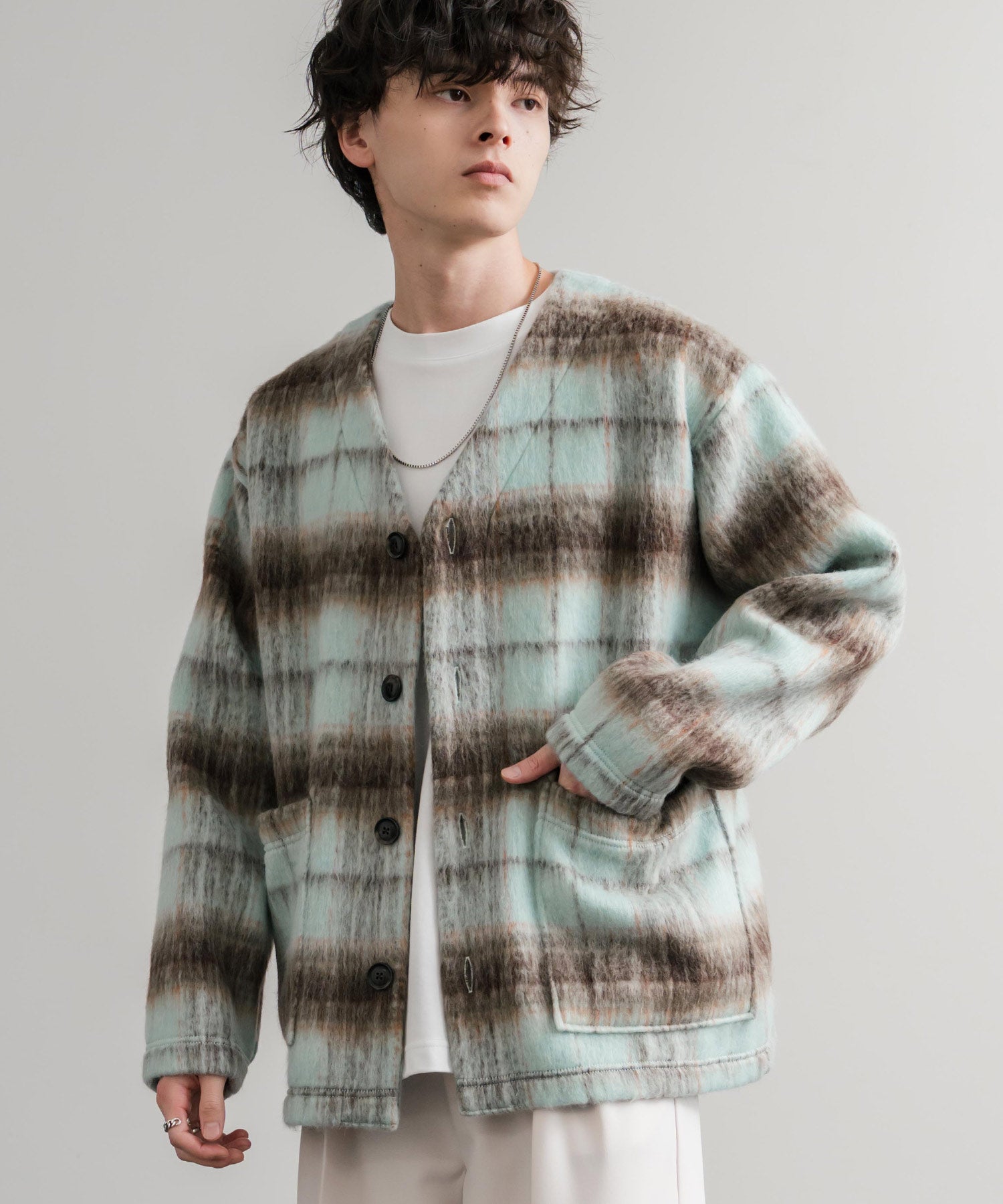 Upscape Audience アップスケープオーディエンス 日本製 国産 ECOLANA オーバーサイズシャギーチェックノーカラージャケット AUD7339 14897