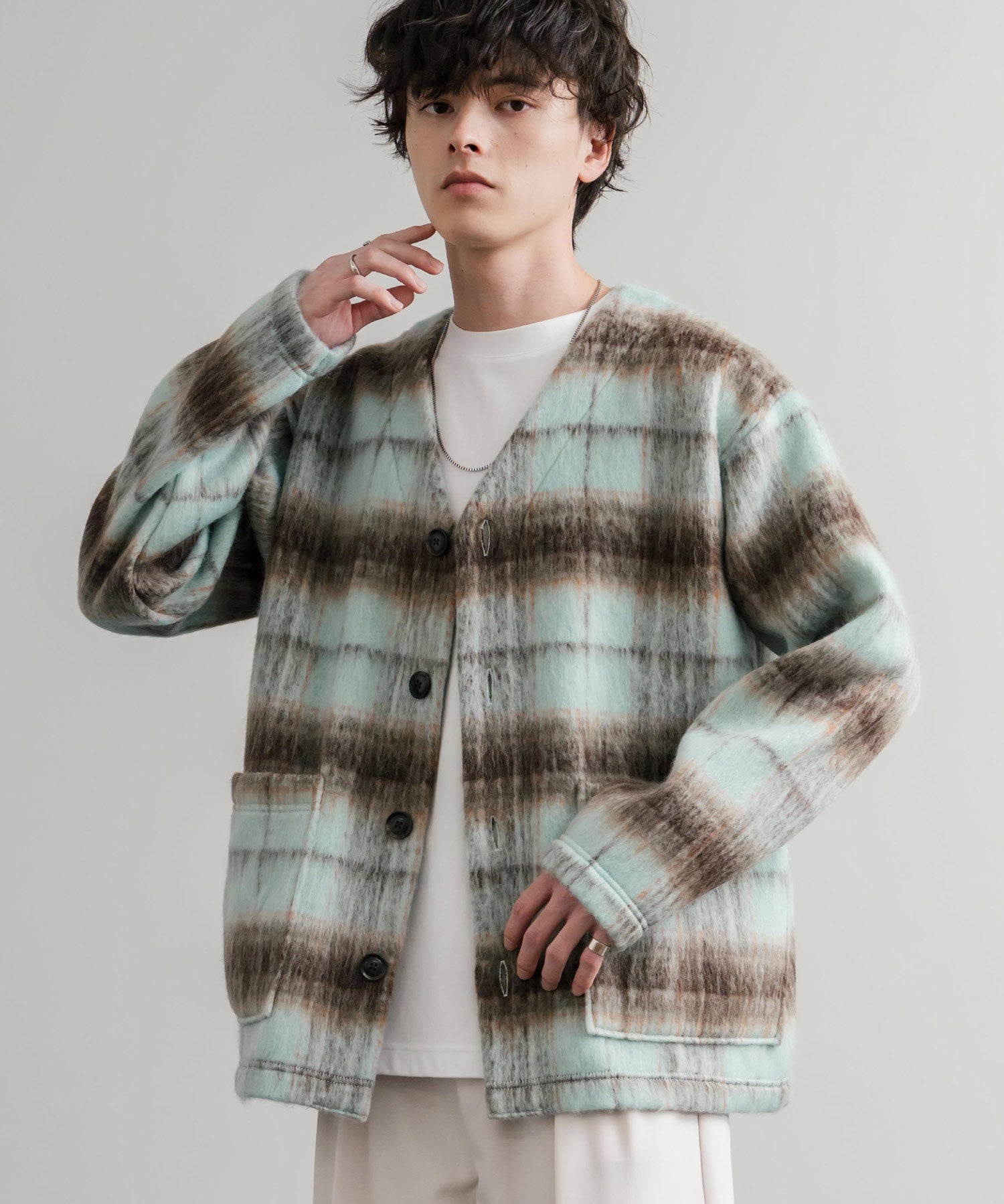 Upscape Audience アップスケープオーディエンス 日本製 国産 ECOLANA オーバーサイズシャギーチェックノーカラージャケット AUD7339 14897