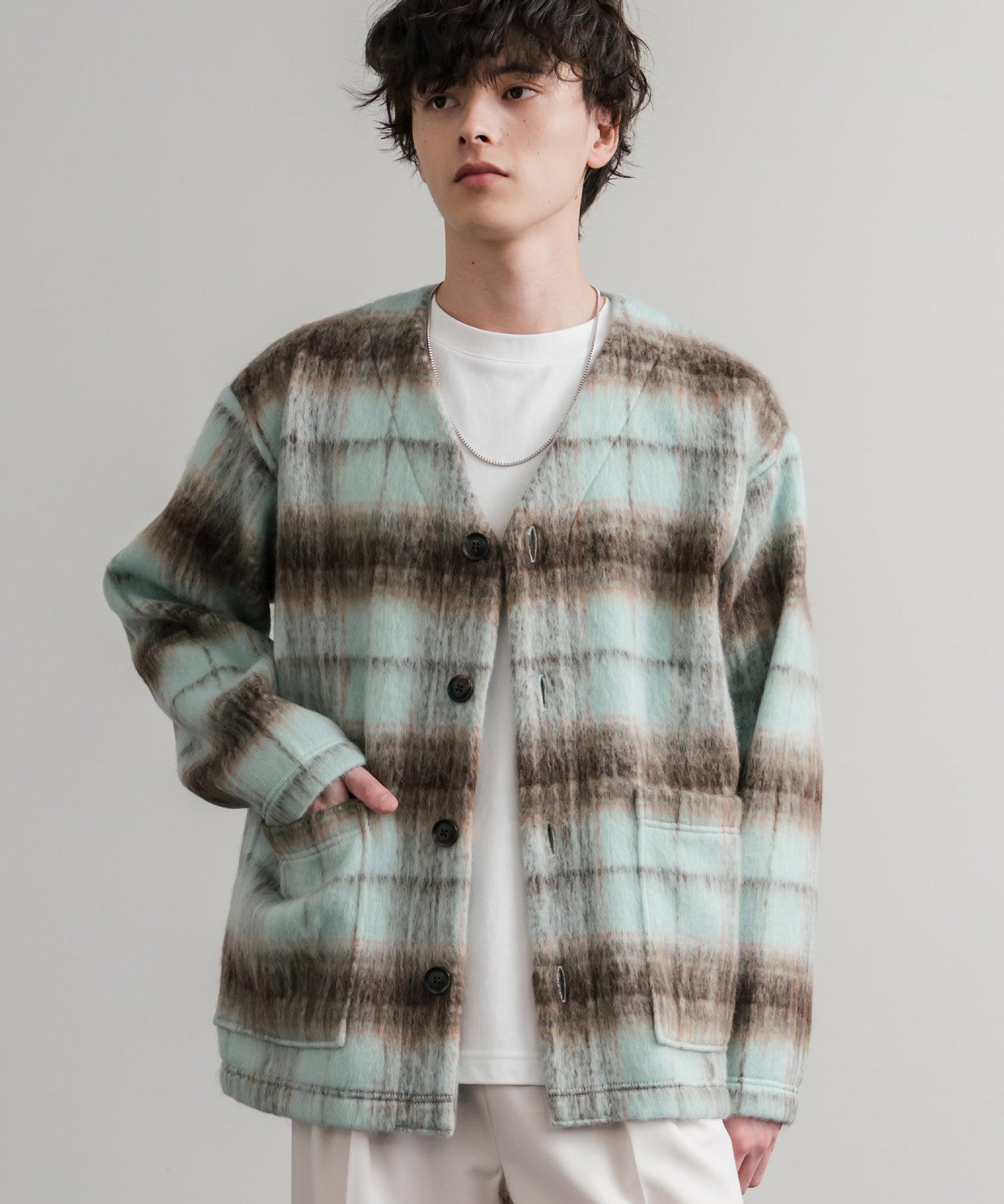 Upscape Audience アップスケープオーディエンス 日本製 国産 ECOLANA オーバーサイズシャギーチェックノーカラージャケット AUD7339 14897