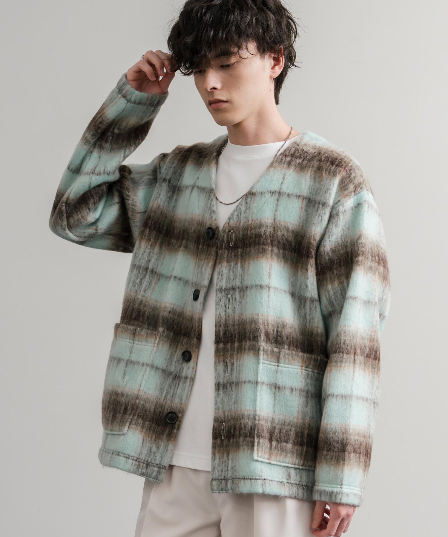 Upscape Audience アップスケープオーディエンス 日本製 国産 ECOLANA オーバーサイズシャギーチェックノーカラージャケット AUD7339 14897