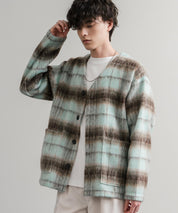 Upscape Audience アップスケープオーディエンス 日本製 国産 ECOLANA オーバーサイズシャギーチェックノーカラージャケット AUD7339 14897