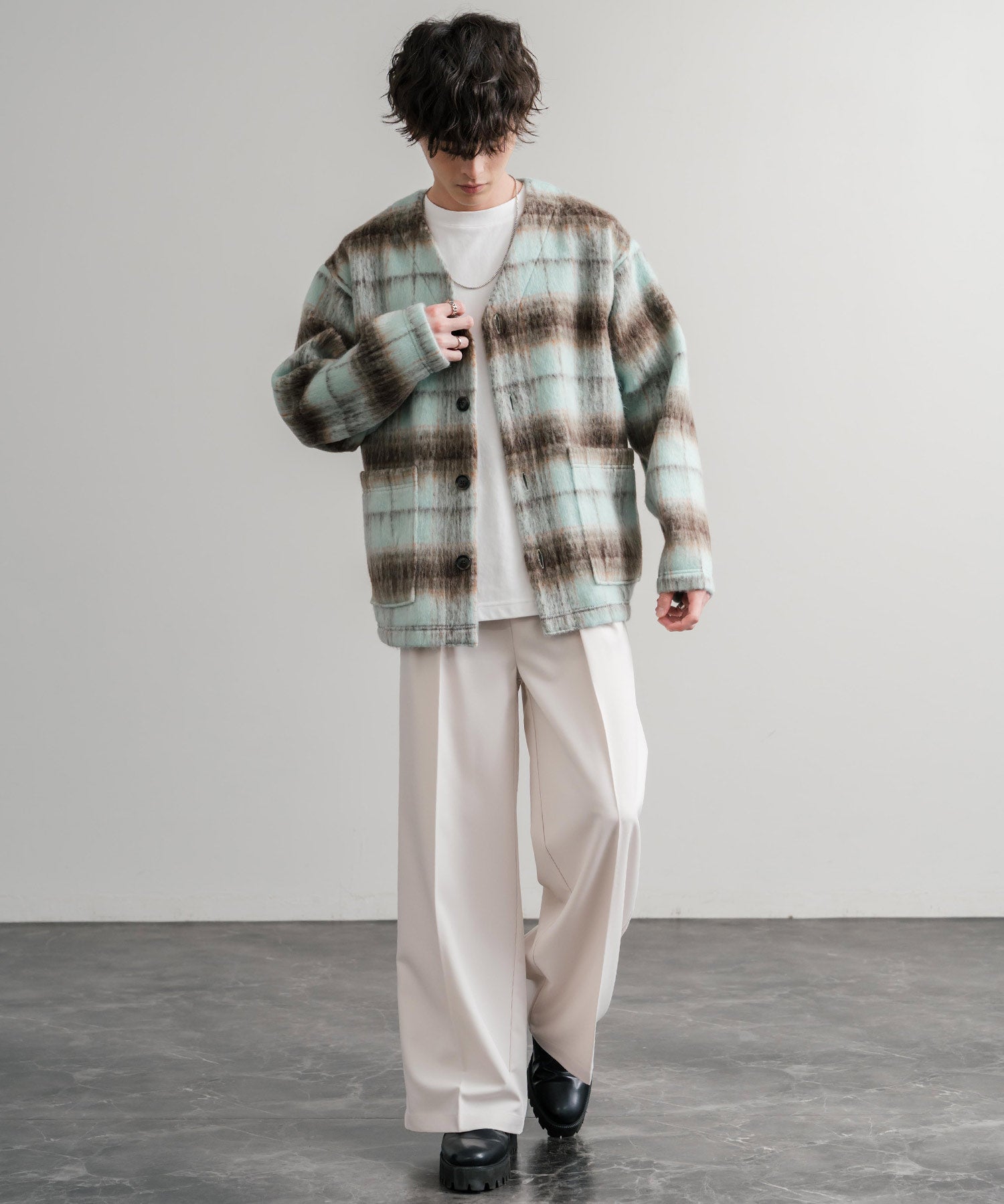 Upscape Audience アップスケープオーディエンス 日本製 国産 ECOLANA オーバーサイズシャギーチェックノーカラージャケット AUD7339 14897