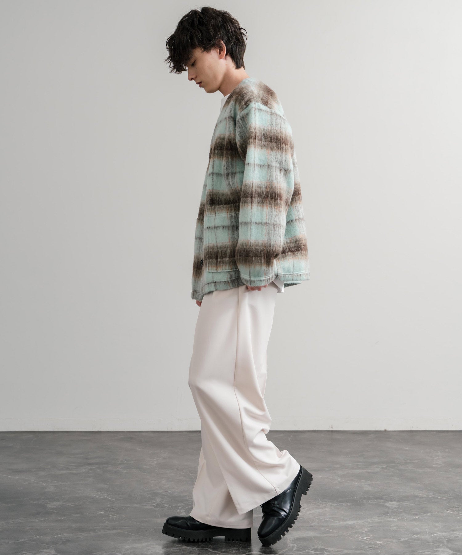 Upscape Audience アップスケープオーディエンス 日本製 国産 ECOLANA オーバーサイズシャギーチェックノーカラージャケット AUD7339 14897