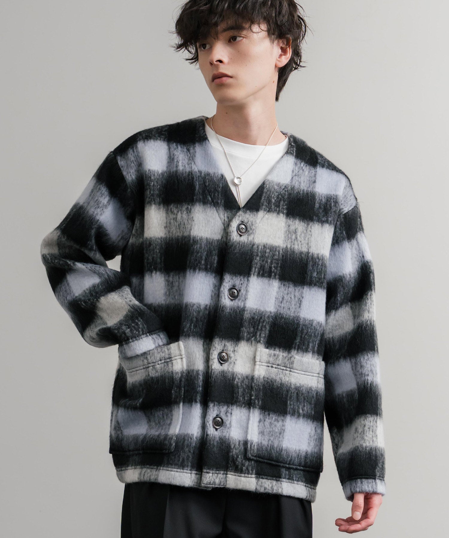 Upscape Audience アップスケープオーディエンス 日本製 国産 ECOLANA オーバーサイズシャギーチェックノーカラージャケット AUD7339 14897