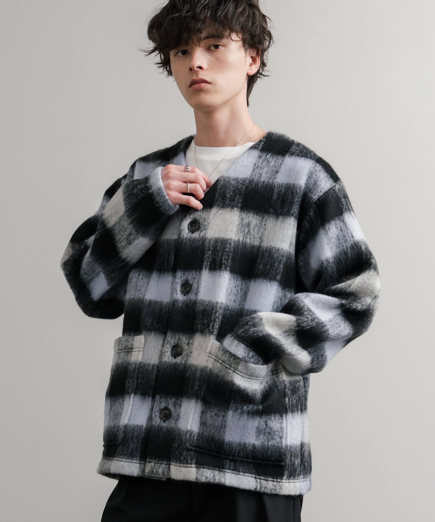 Upscape Audience アップスケープオーディエンス 日本製 国産 ECOLANA オーバーサイズシャギーチェックノーカラージャケット AUD7339 14897