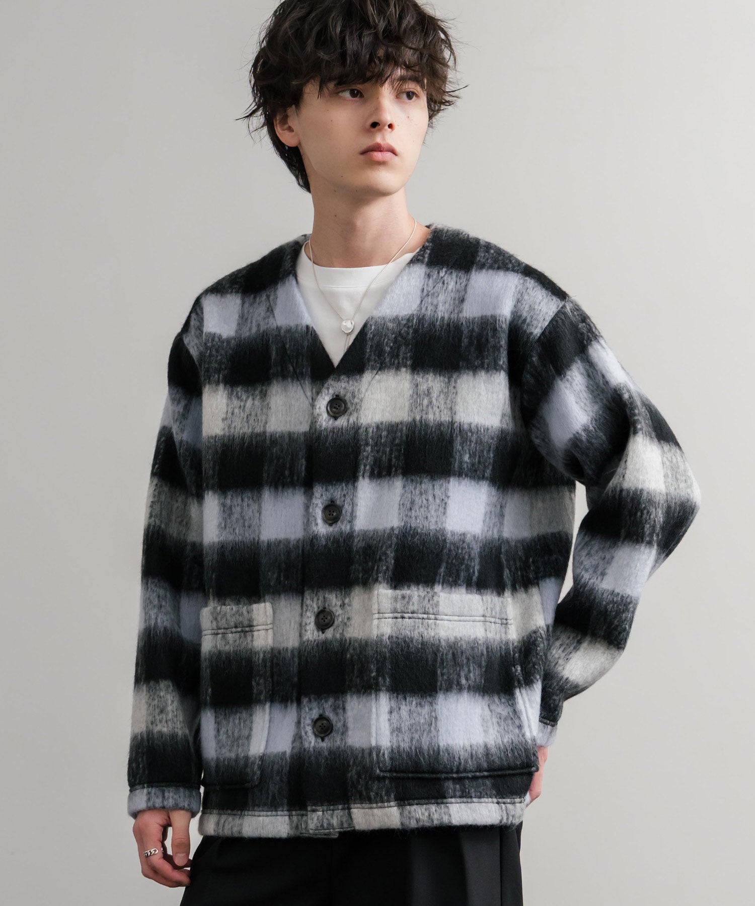 Upscape Audience アップスケープオーディエンス 日本製 国産 ECOLANA オーバーサイズシャギーチェックノーカラージャケット AUD7339 14897