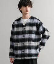 Upscape Audience アップスケープオーディエンス 日本製 国産 ECOLANA オーバーサイズシャギーチェックノーカラージャケット AUD7339 14897