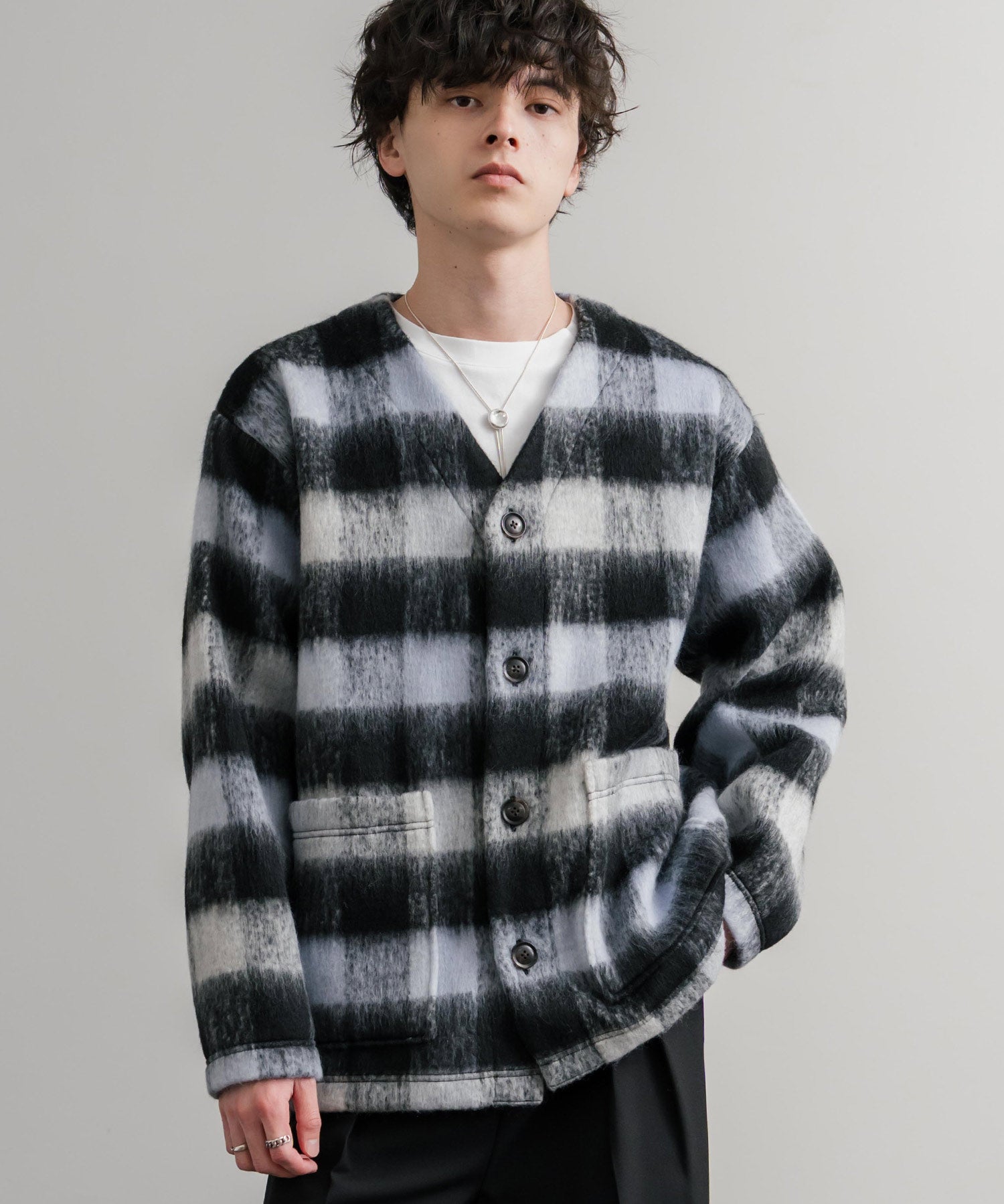 Upscape Audience アップスケープオーディエンス 日本製 国産 ECOLANA オーバーサイズシャギーチェックノーカラージャケット AUD7339 14897