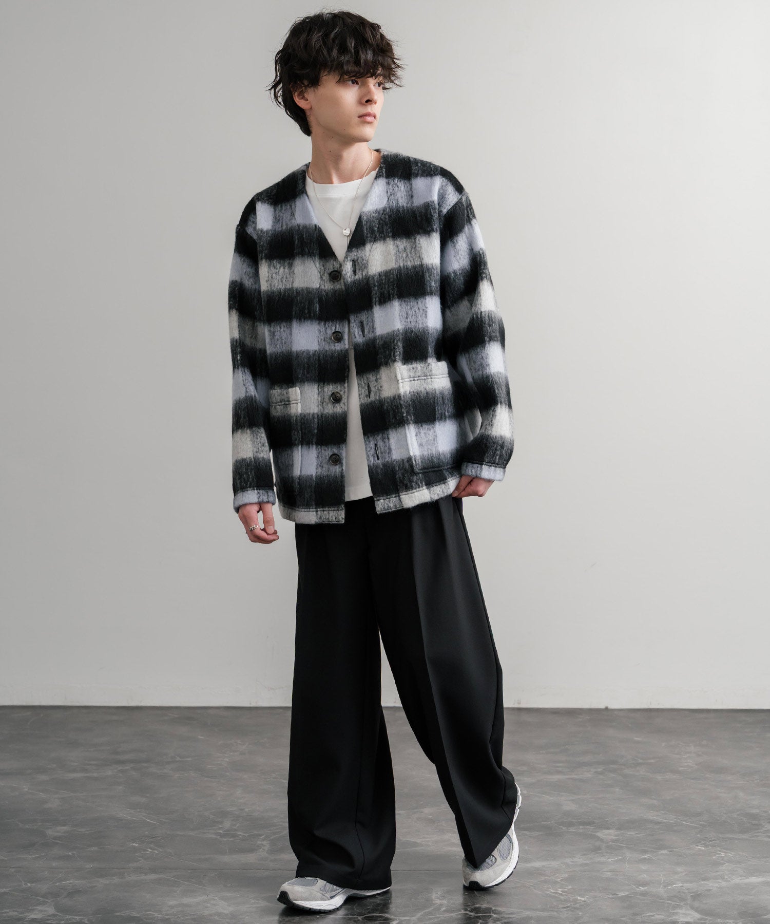 Upscape Audience アップスケープオーディエンス 日本製 国産 ECOLANA オーバーサイズシャギーチェックノーカラージャケット AUD7339 14897