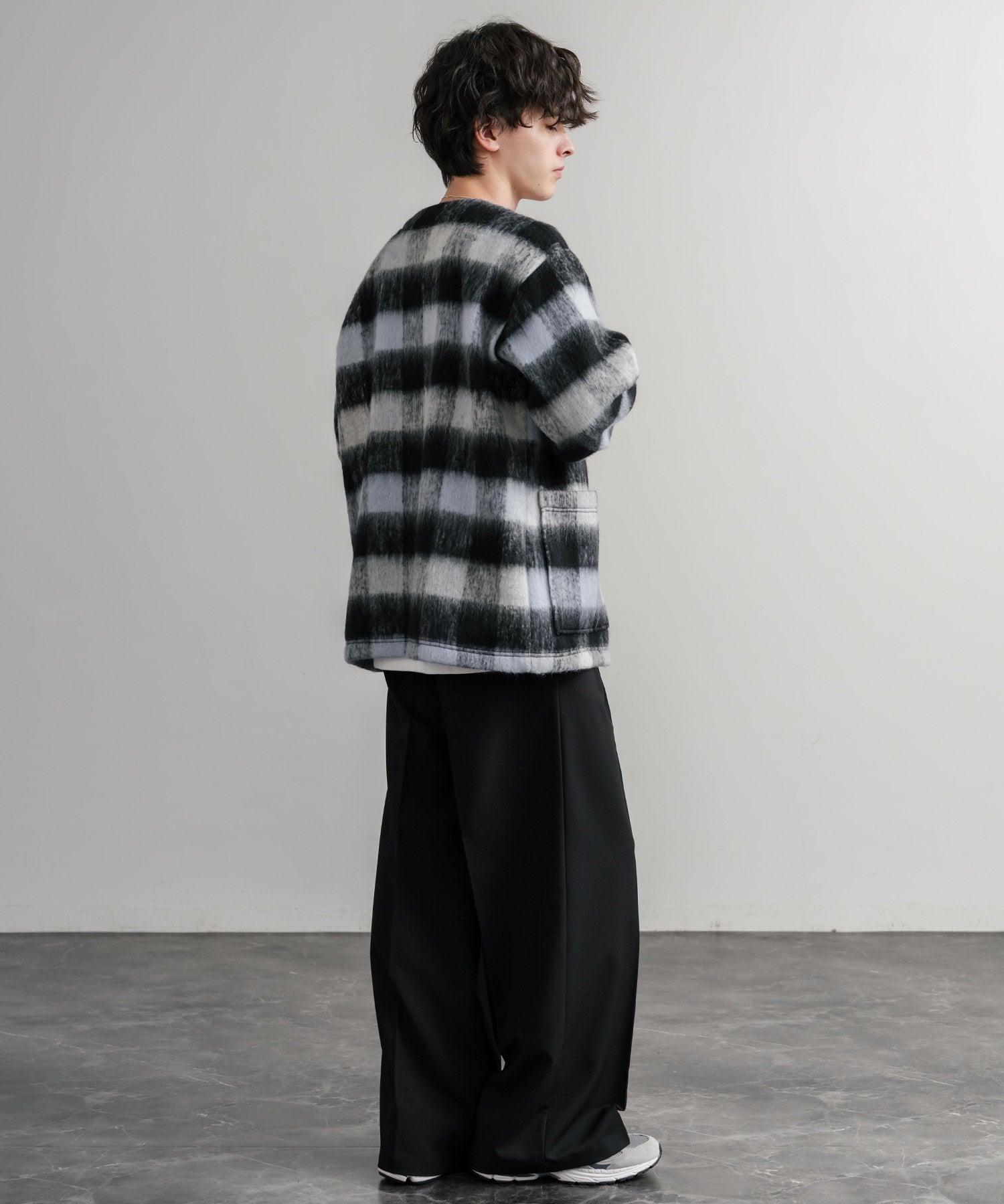 Upscape Audience アップスケープオーディエンス 日本製 国産 ECOLANA オーバーサイズシャギーチェックノーカラージャケット AUD7339 14897