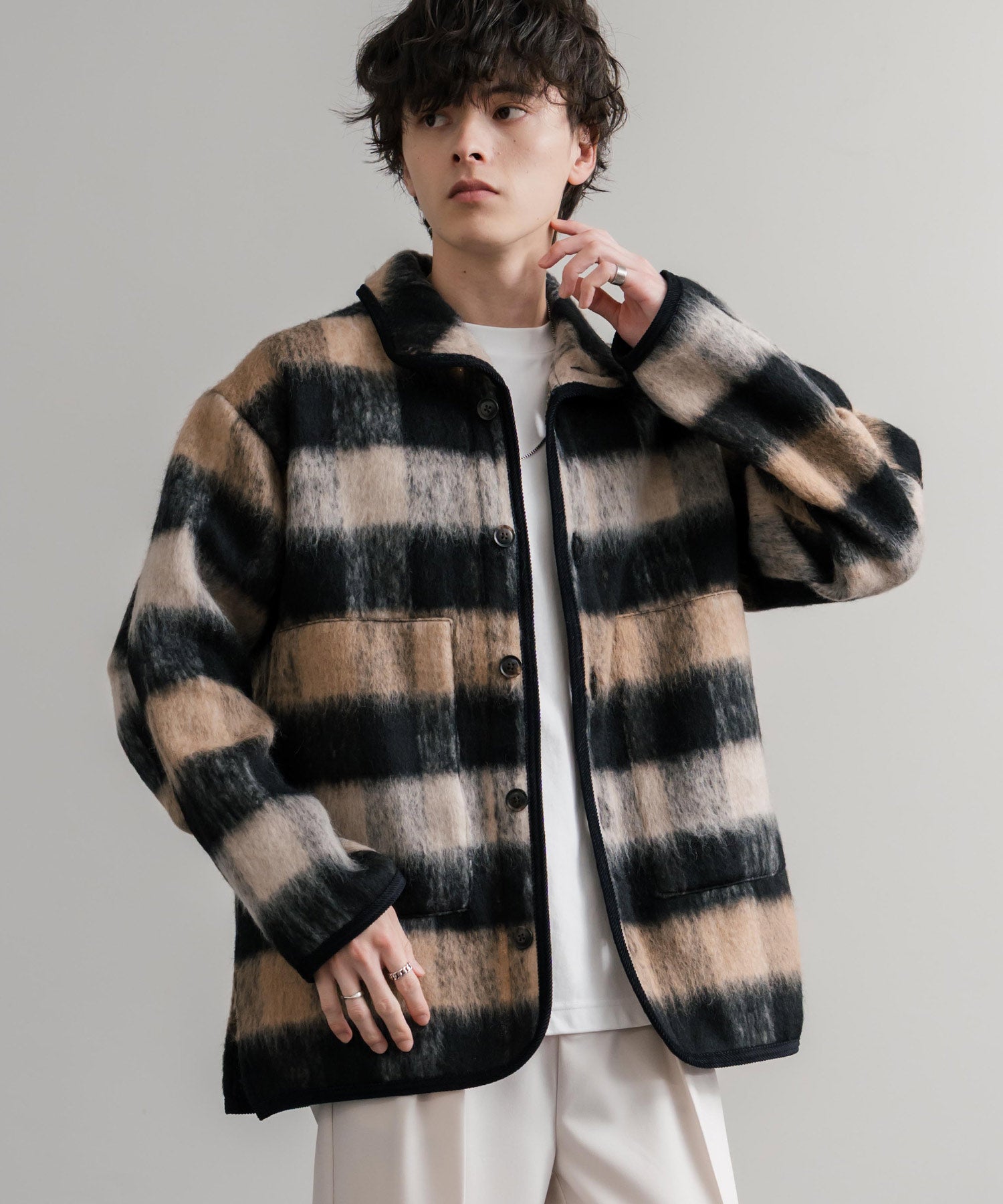 Upscape Audience アップスケープオーディエンス 日本製 国産 ECOLANAシャギーチェックスタンドオーバージャケット AUD7340 14898